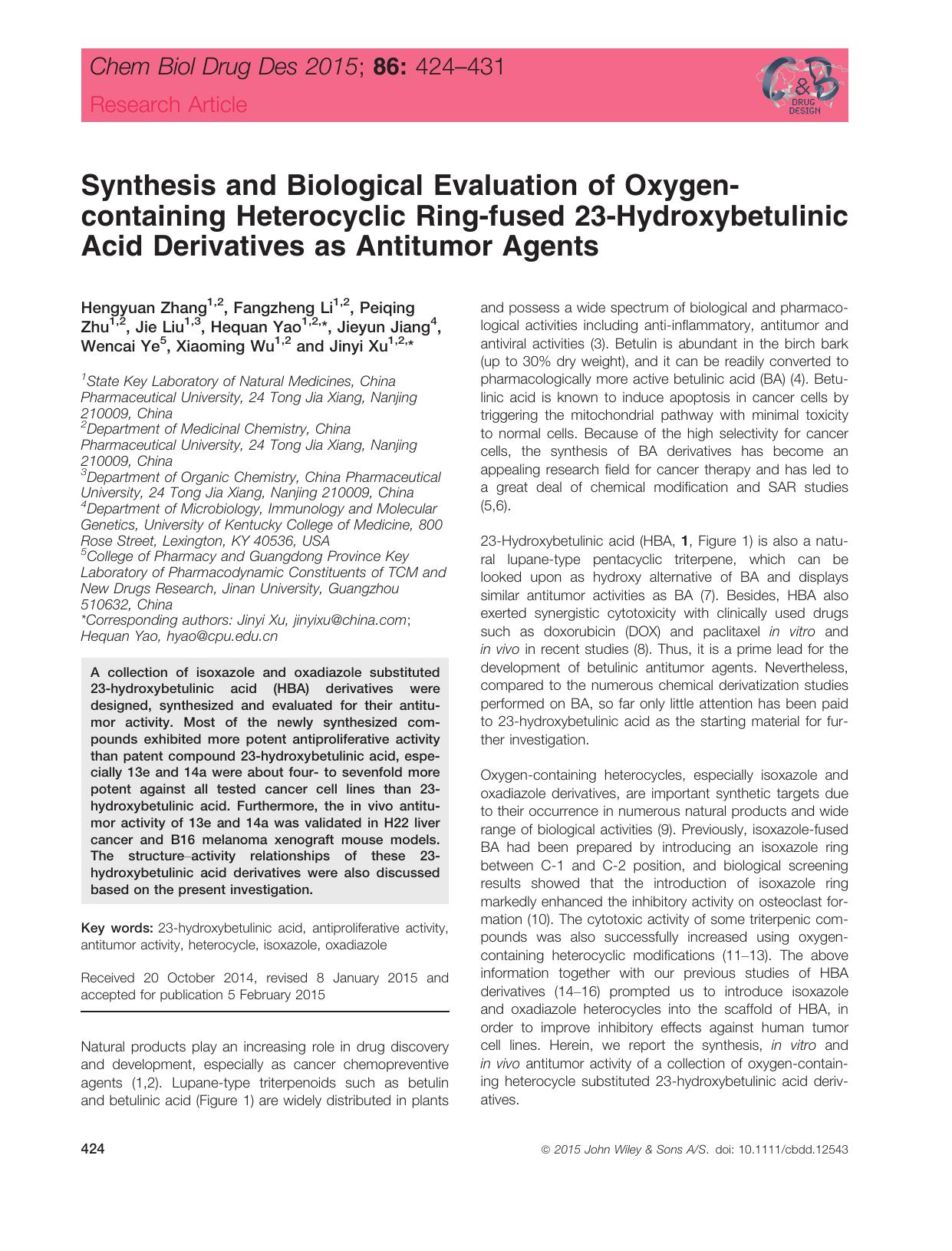 Synthesis and Biological Evaluation of Oxygen‐containing Heterocyclic Ring‐fused 23‐Hydroxybetulinic Acid Derivatives as Antitumor Agents by Unknown