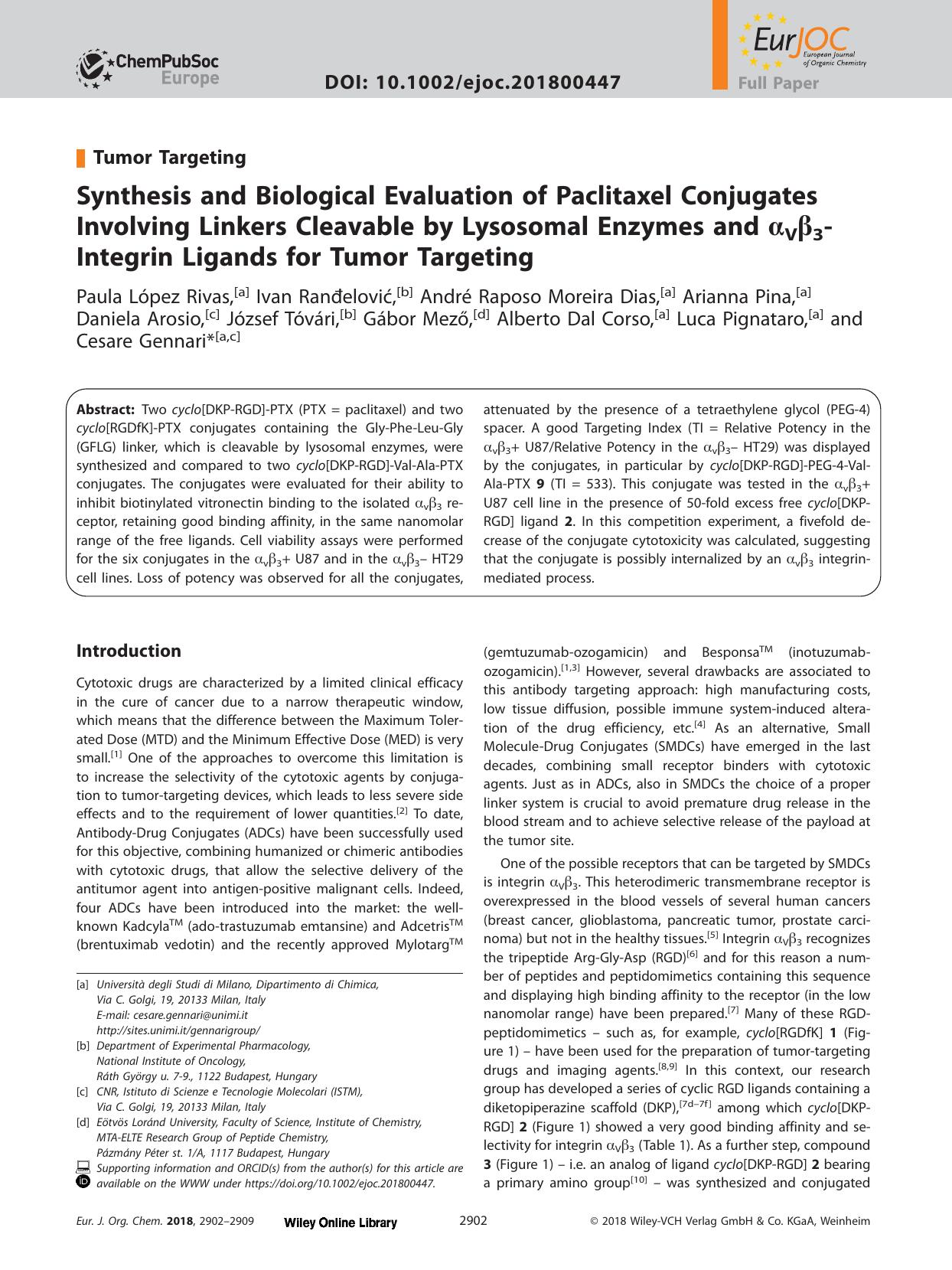 Synthesis and Biological Evaluation of Paclitaxel Conjugates Involving Linkers Cleavable by Lysosomal Enzymes and α<sub>V<sub>β<sub>3<sub>‐Integrin Ligands for Tumor Targeting by Unknown