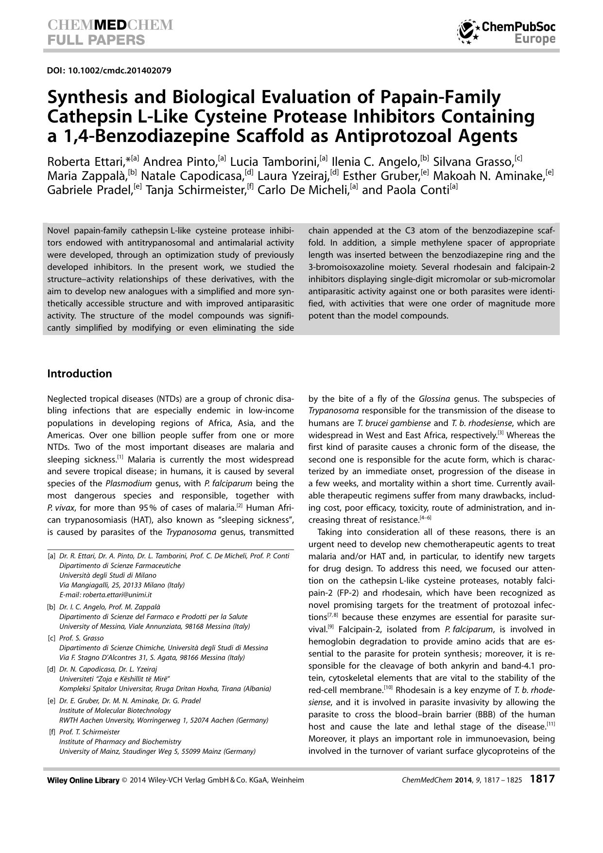 Synthesis and Biological Evaluation of PapainFamily CathepsinLLike Cysteine Protease Inhibitors Containing a 1,4Benzodiazepine Scaffold as Antiprotozoal Agents by Unknown
