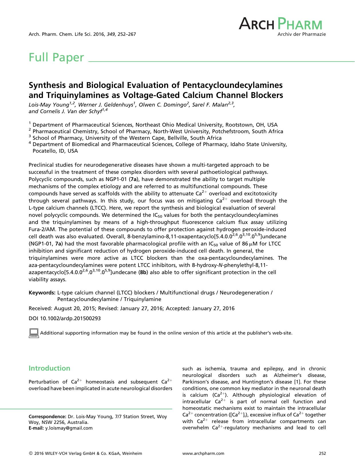 Synthesis and Biological Evaluation of Pentacycloundecylamines and Triquinylamines as Voltage-Gated Calcium Channel Blockers by Unknown
