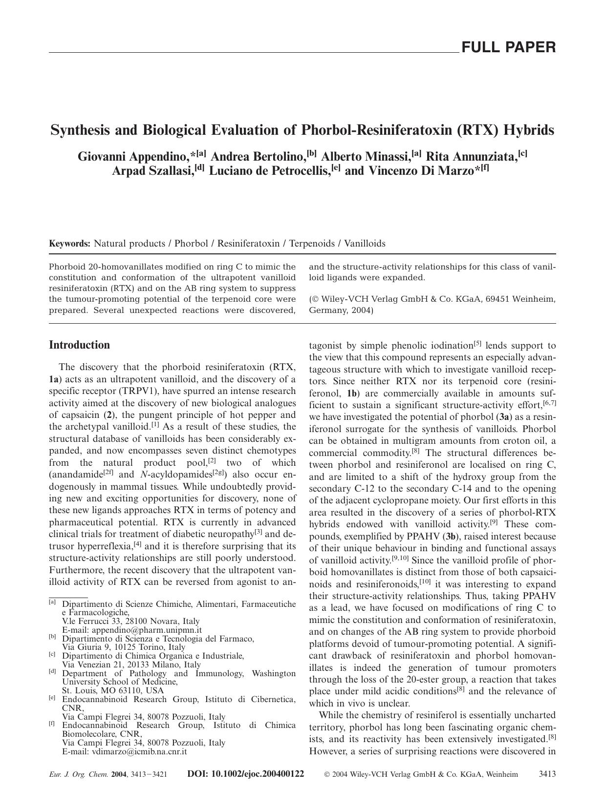 Synthesis and Biological Evaluation of Phorbol-Resiniferatoxin (RTX) Hybrids by Unknown