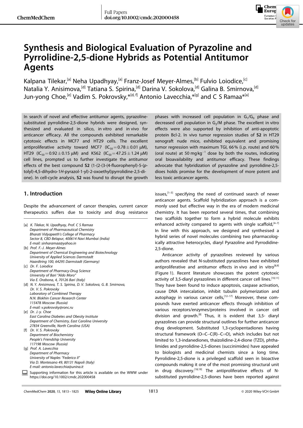 Synthesis and Biological Evaluation of Pyrazoline and Pyrrolidineâ2,5âdione Hybrids as Potential Antitumor Agents by Unknown