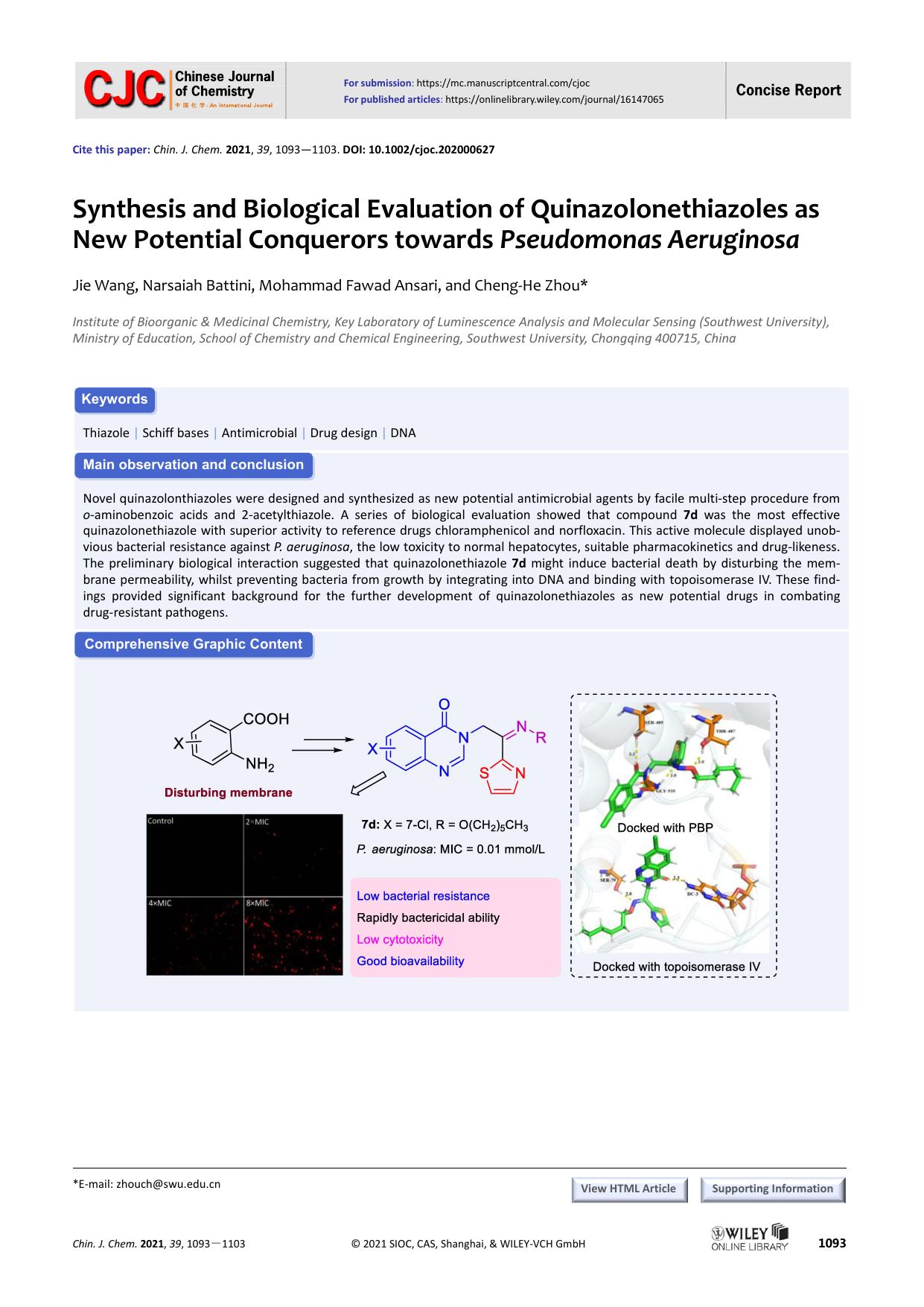Synthesis and Biological Evaluation of Quinazolonethiazoles as New Potential Conquerors towards Pseudomonas Aeruginosa by Administrator