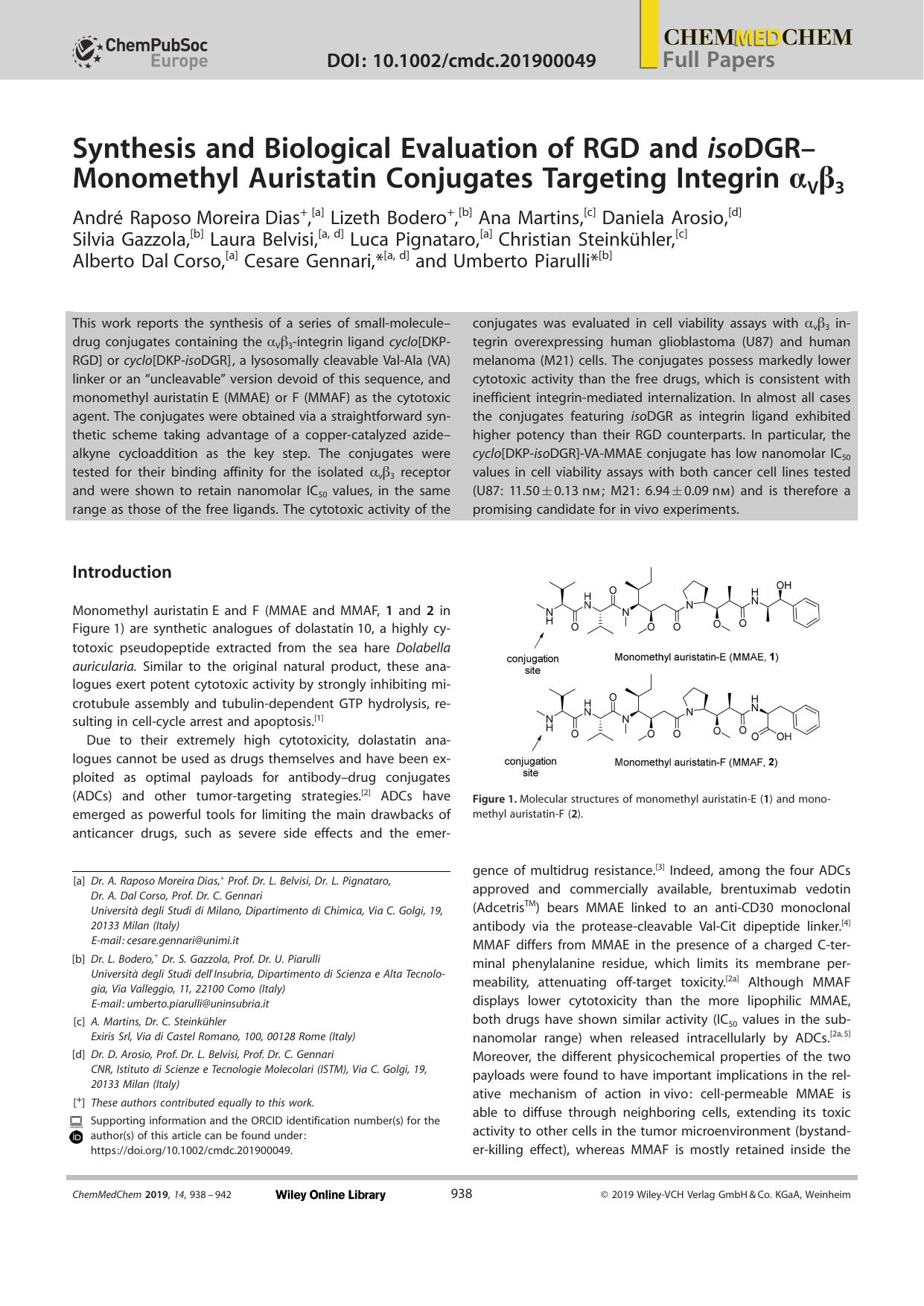 Synthesis and Biological Evaluation of RGD and isoDGRâMonomethyl Auristatin Conjugates Targeting Integrin Î±VÎ²3 by Unknown