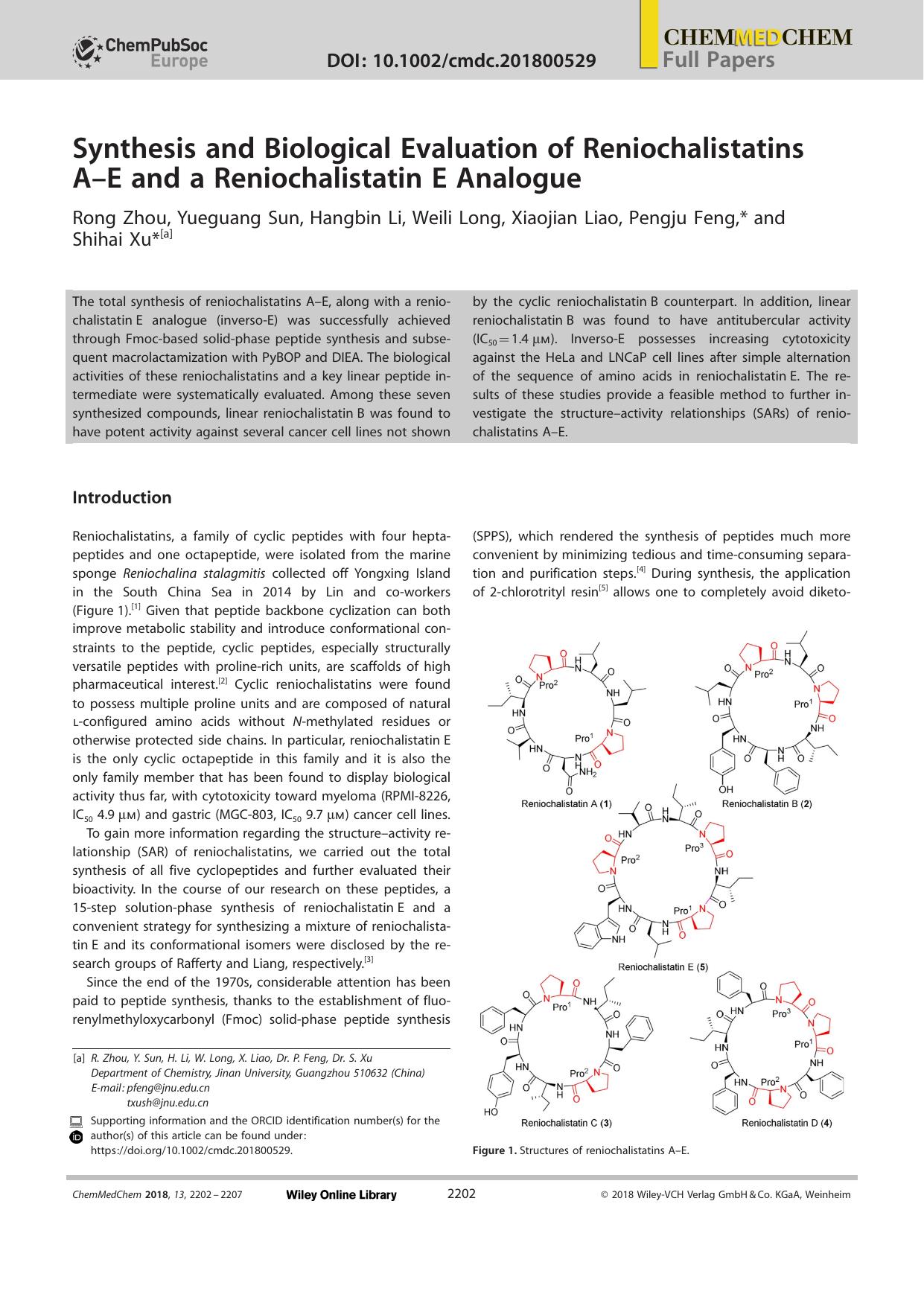 Synthesis and Biological Evaluation of Reniochalistatins AâE and a Reniochalistatin E Analogue by Unknown