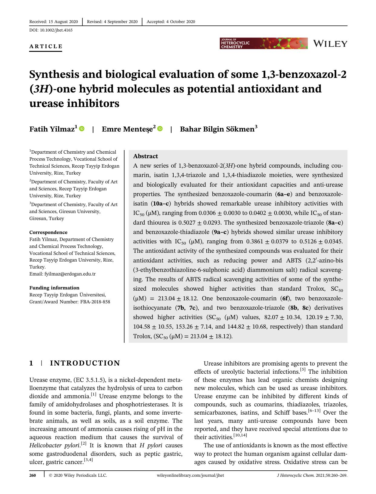 Synthesis and Biological Evaluation of Some 1,3-Benzoxazol-2(3H)-one Hybrid Molecules as potential Antioxidant and Urease Inhibitors by Unknown