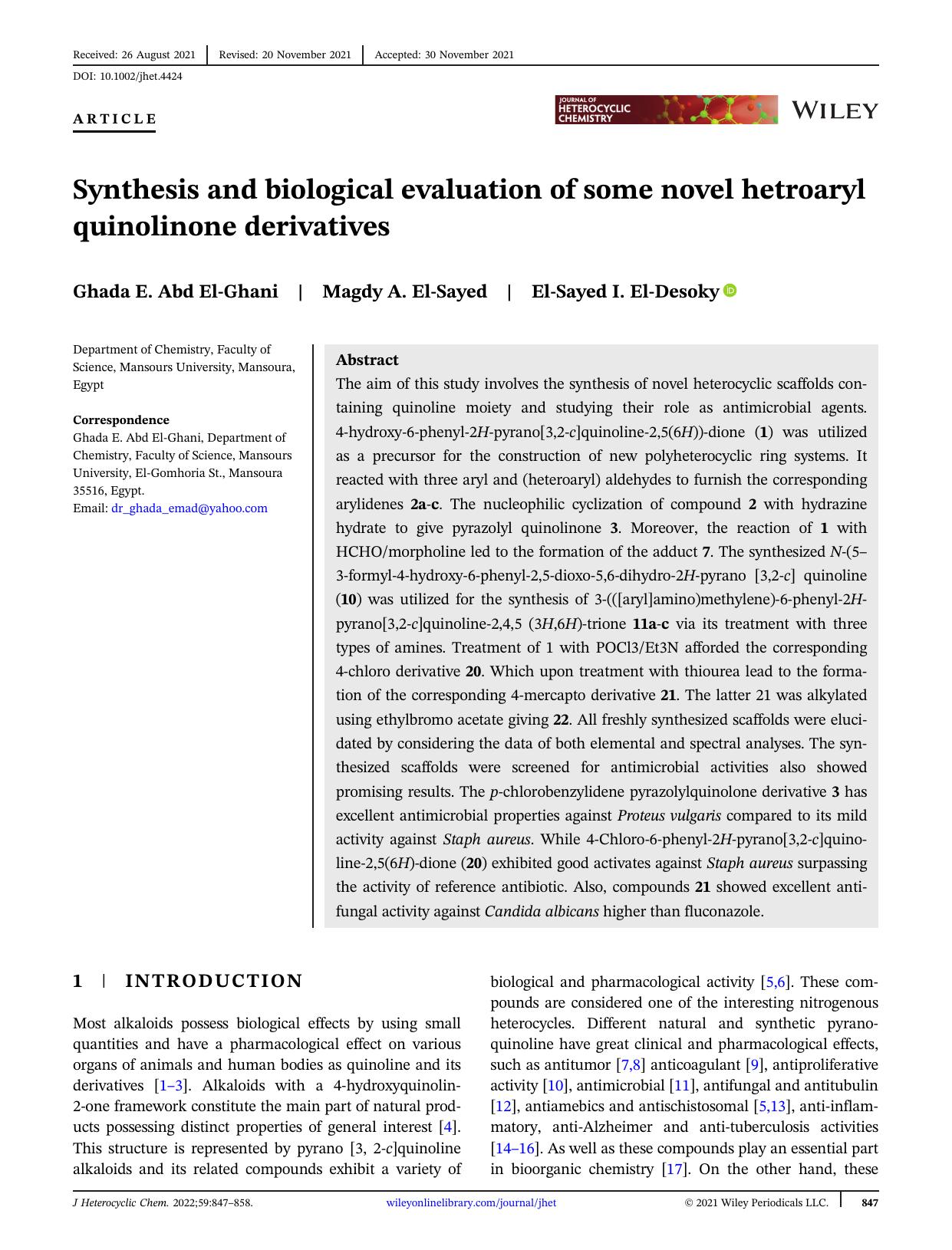 Synthesis and Biological Evaluation of Some Novel Hetroaryl Quinolinone Derivatives by Unknown