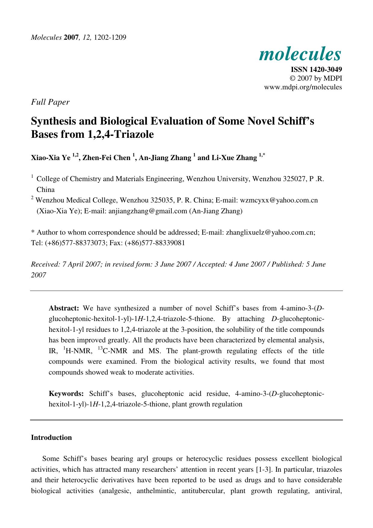 Synthesis and Biological Evaluation of Some Novel Schiffâs Bases from 1,2,4-Triazole by Xiao-Xia Ye & Zhen-Fei Chen & An-Jiang Zhang and Li-Xue Zhang