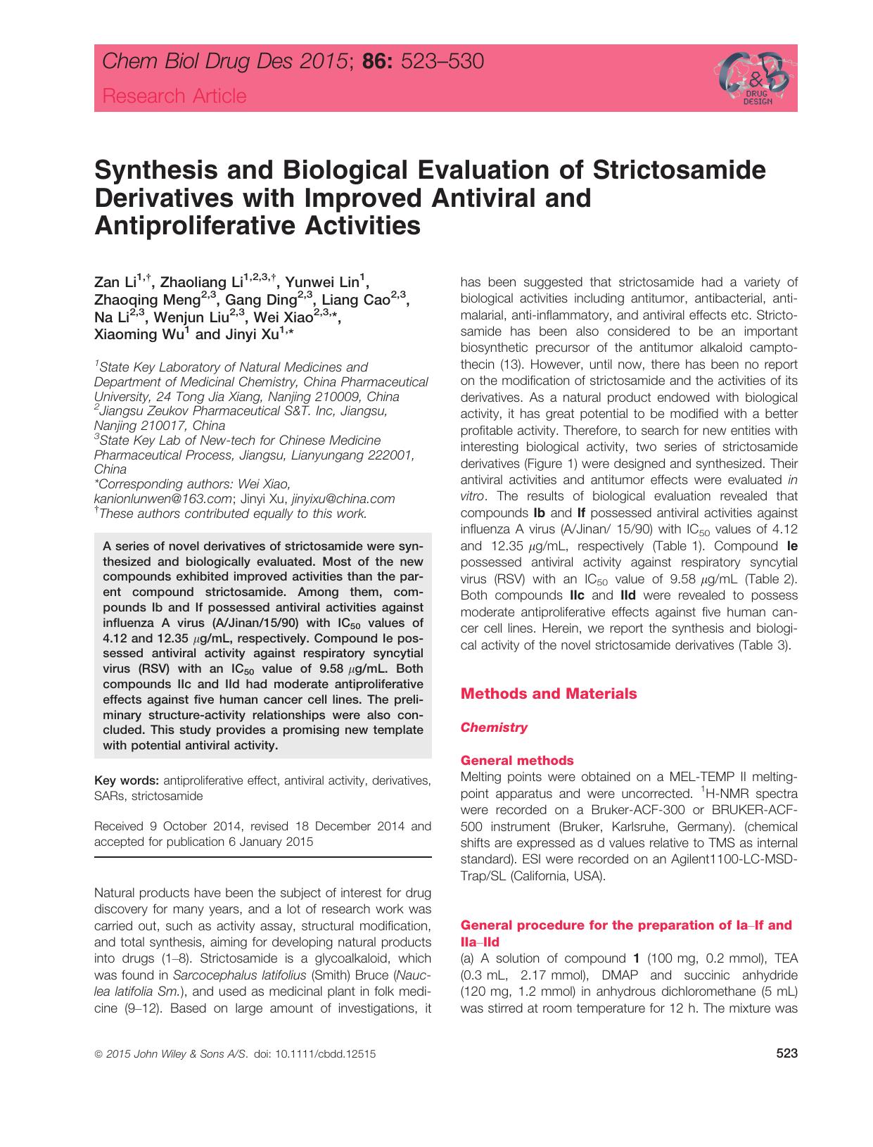 Synthesis and Biological Evaluation of Strictosamide Derivatives with Improved Antiviral and Antiproliferative Activities by unknow