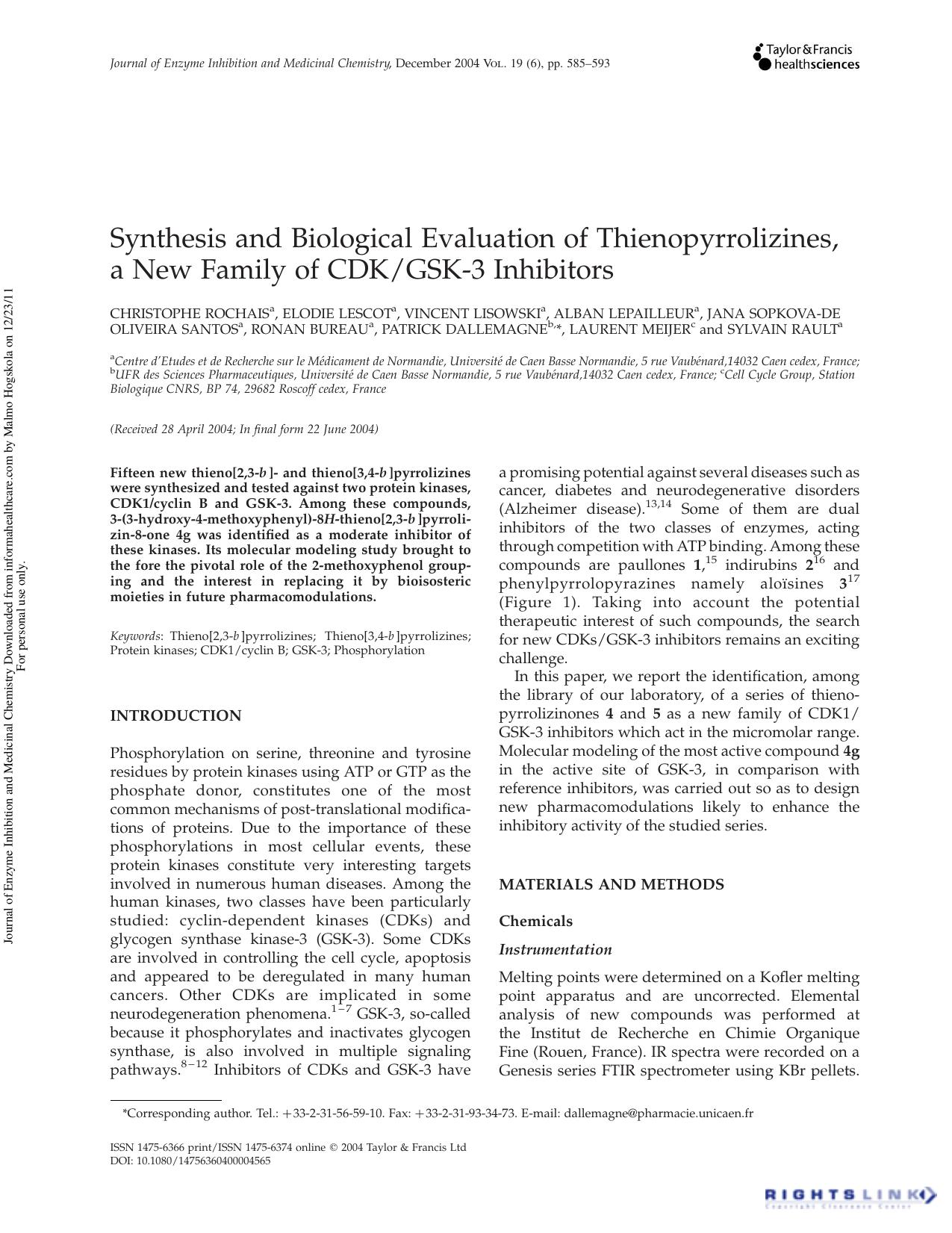Synthesis and Biological Evaluation of Thienopyrrolizines, a New Family of CDKGSK-3 Inhibitors by unknow
