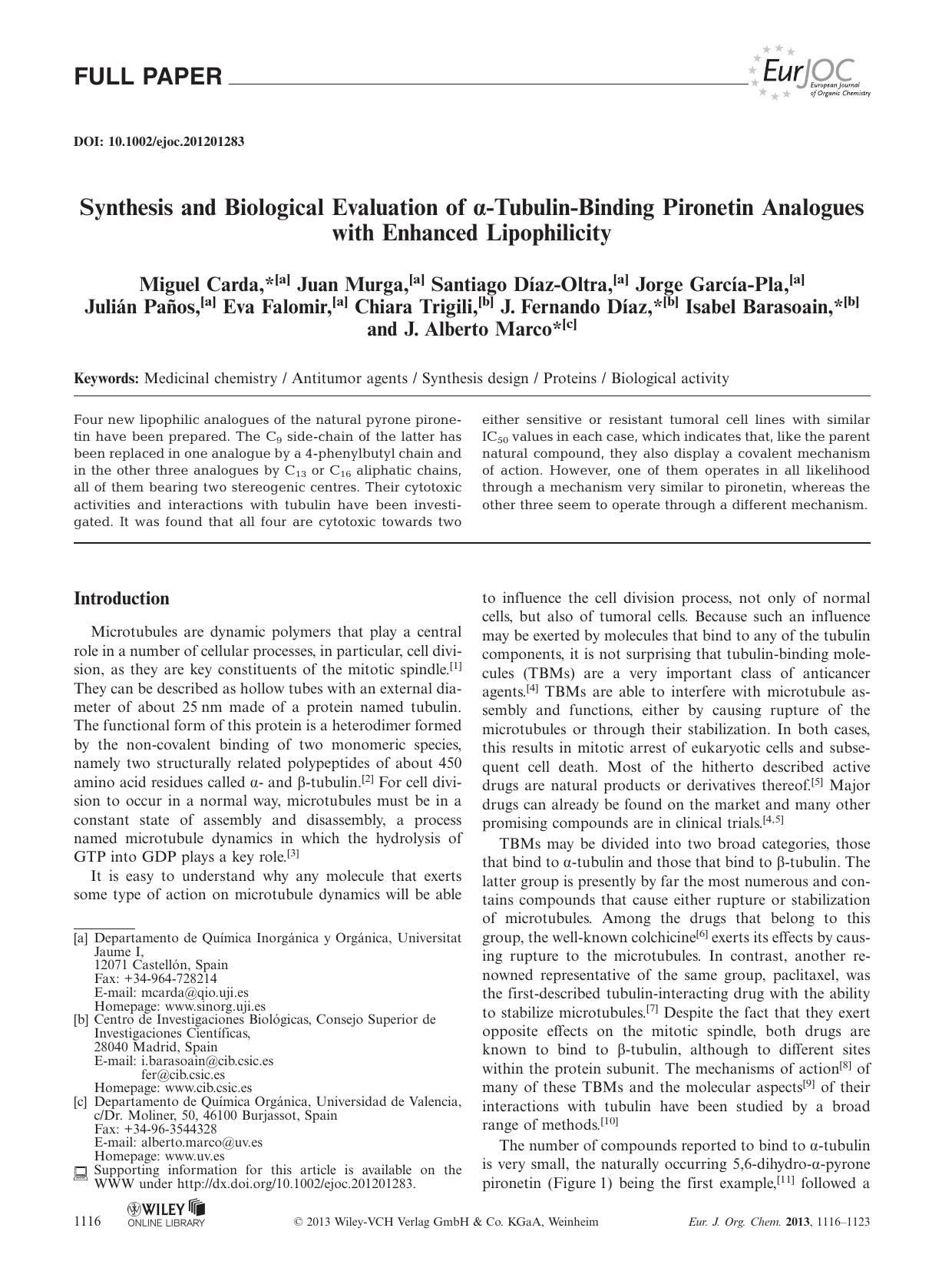 Synthesis and Biological Evaluation of TubulinBinding Pironetin Analogues with Enhanced Lipophilicity by Unknown