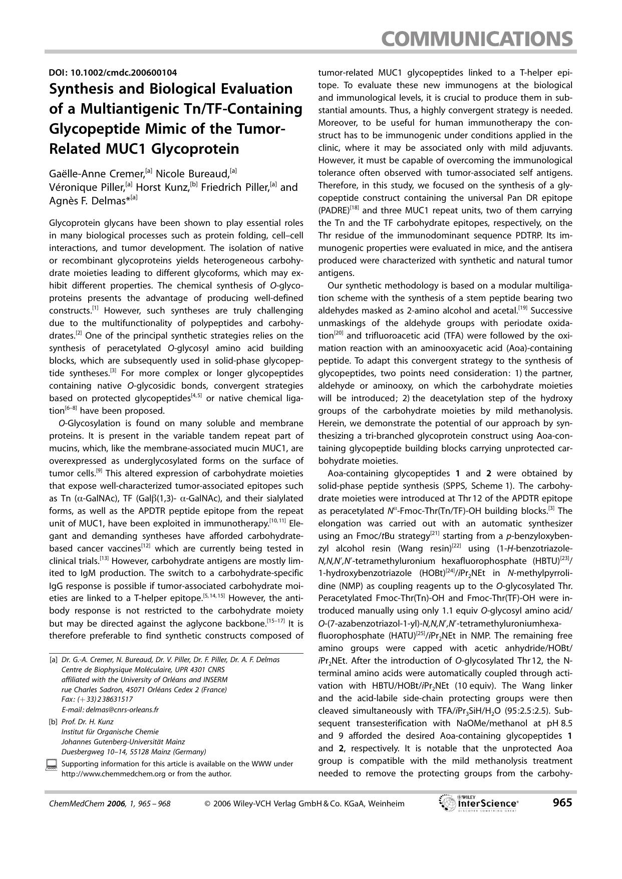 Synthesis and Biological Evaluation of a Multiantigenic TnTF-Containing Glycopeptide Mimic of the Tumor-Related MUC1 Glycoprotein by Unknown