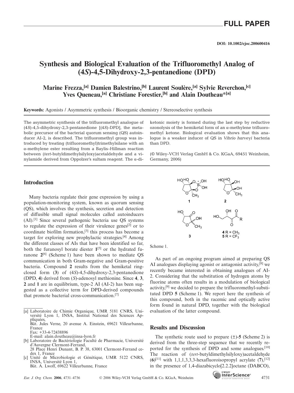 Synthesis and Biological Evaluation of the Trifluoromethyl Analog of (4S)-4,5-Dihydroxy-2,3-pentanedione (DPD) by Unknown