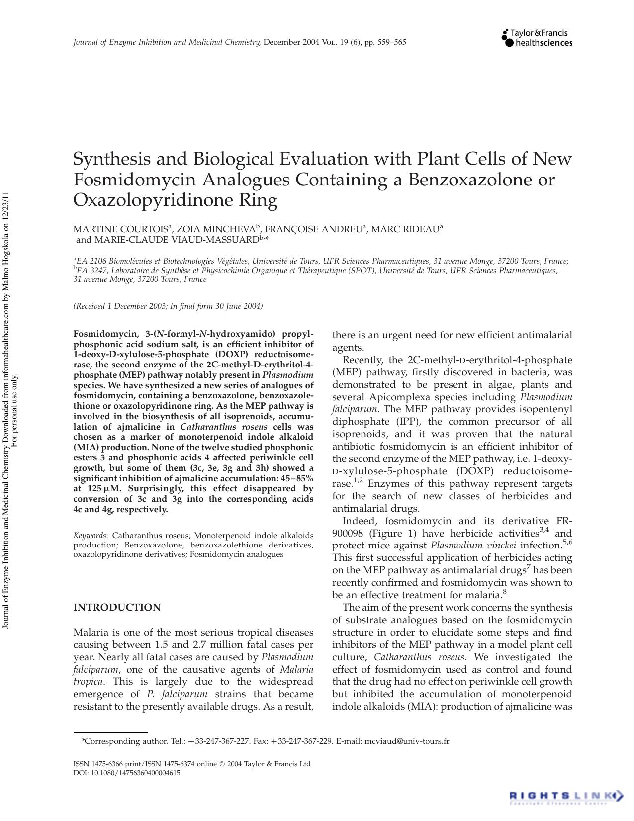 Synthesis and Biological Evaluation with Plant Cells of New Fosmidomycin Analogues Containing a Benzoxazolone or Oxazolopyridinone Ring by unknow