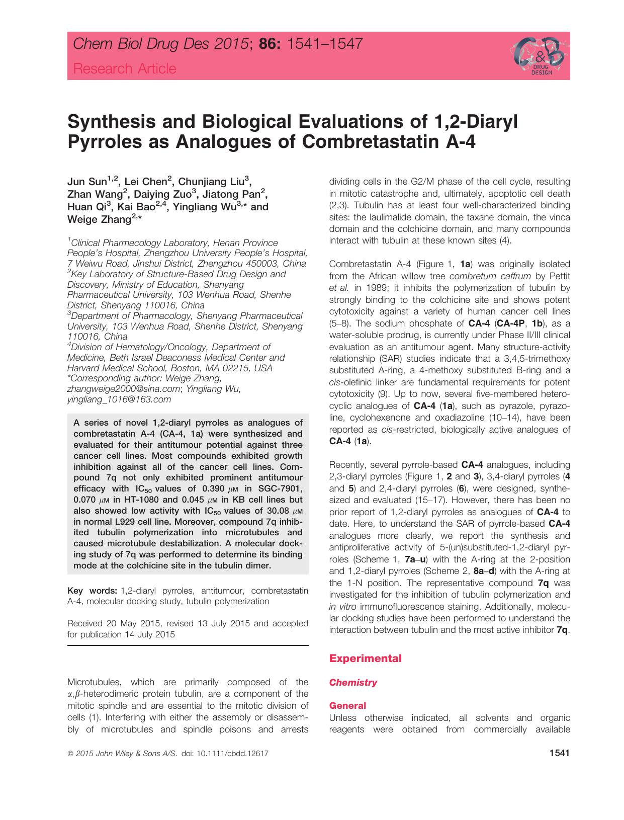 Synthesis and Biological Evaluations of 1,2‐Diaryl Pyrroles as Analogues of Combretastatin A‐4 by unknow