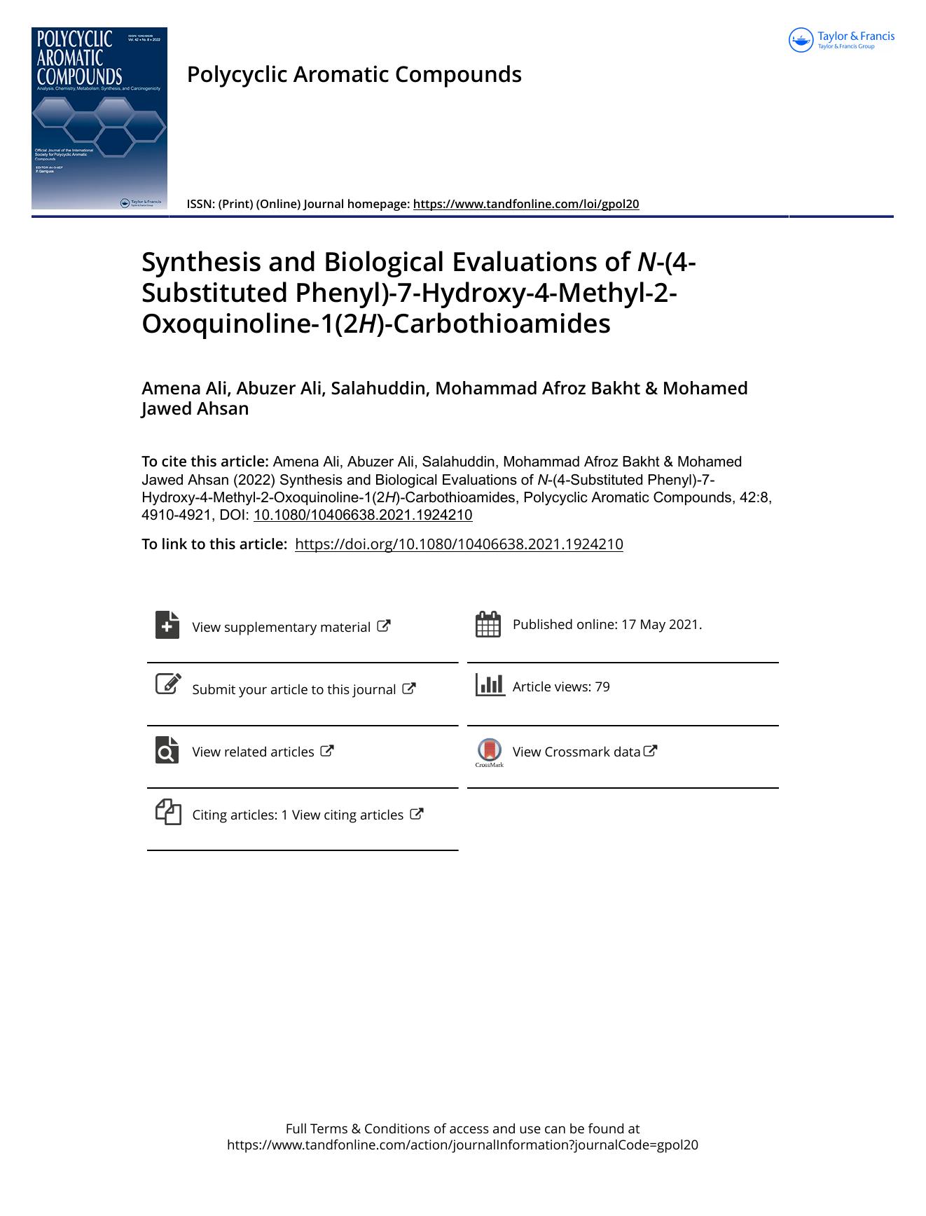 Synthesis and Biological Evaluations of N-(4-Substituted Phenyl)-7-Hydroxy-4-Methyl-2-Oxoquinoline-1(2H)-Carbothioamides by Ali Amena & Ali Abuzer & Bakht Mohammad Afroz & Ahsan Mohamed Jawed
