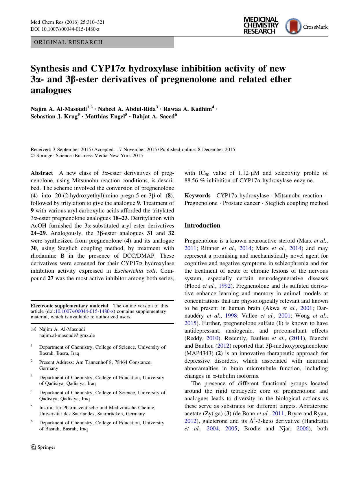 Synthesis and CYP17Î± hydroxylase inhibition activity of new 3Î±- and 3Î²-ester derivatives of pregnenolone and related ether analogues by unknow