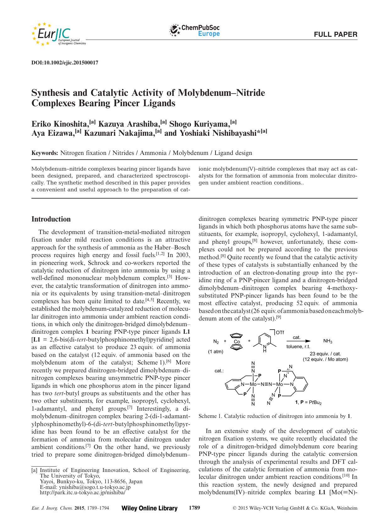 Synthesis and Catalytic Activity of MolybdenumNitride Complexes Bearing Pincer Ligands by Unknown