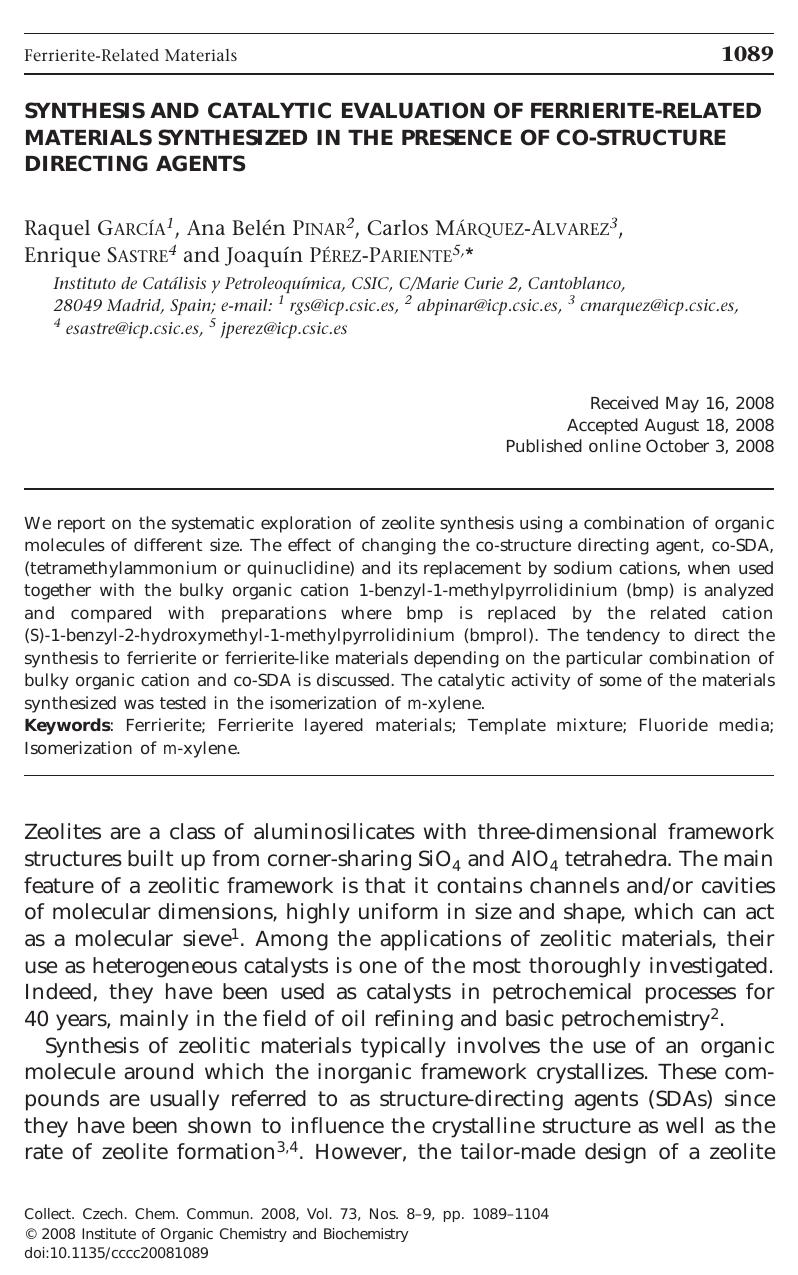 Synthesis and Catalytic Evaluation of Ferrierite-Related Materials Synthesized in the Presence of co-Structure Directing Agents by Raquel Garcia Ana Belen Pinar Carlos Marquez-Alvarez Enrique Sastre & Joaquin Perez-Pariente