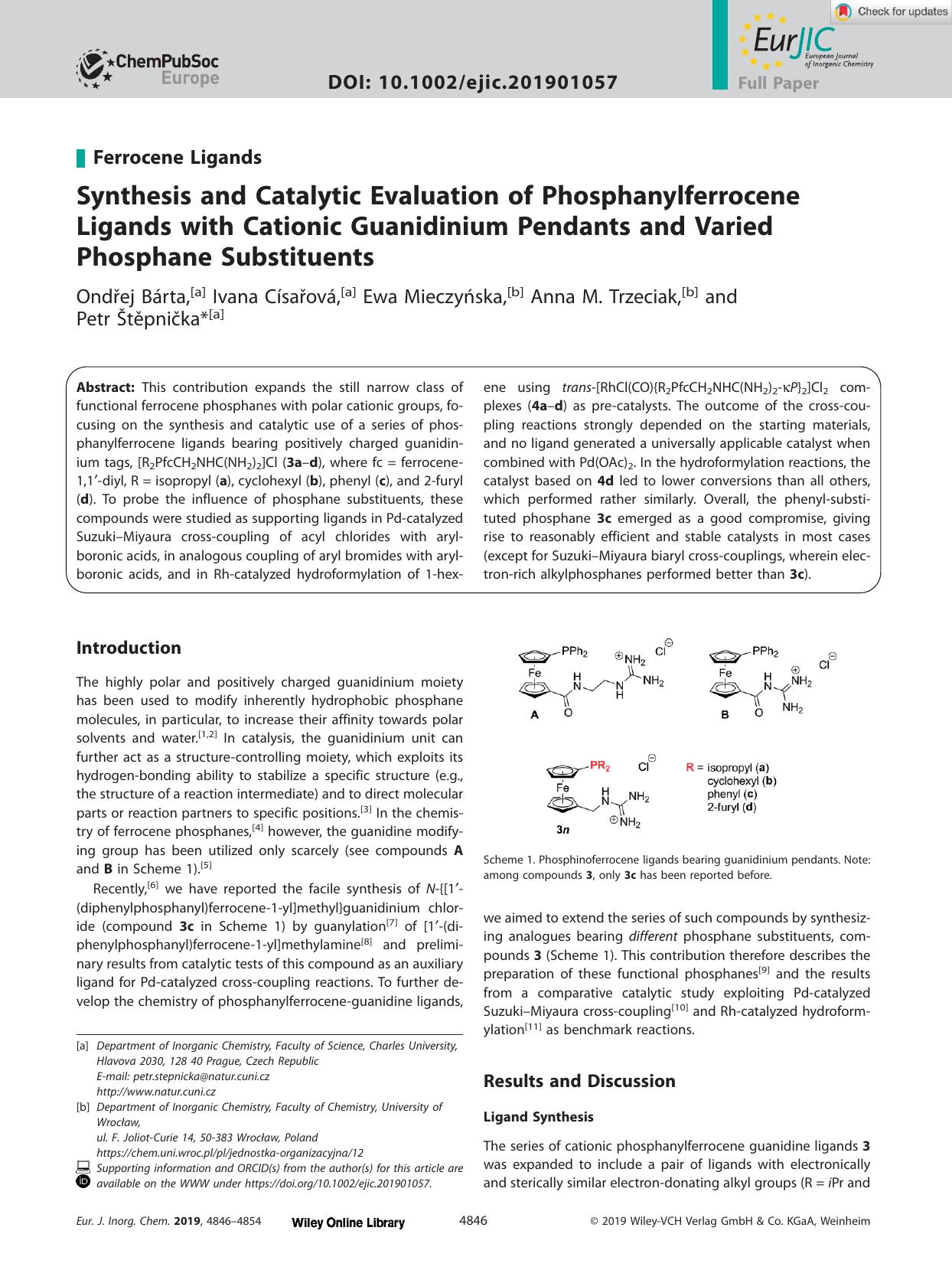 Synthesis and Catalytic Evaluation of Phosphanylferrocene Ligands with Cationic Guanidinium Pendants and Varied Phosphane Substituents by Unknown