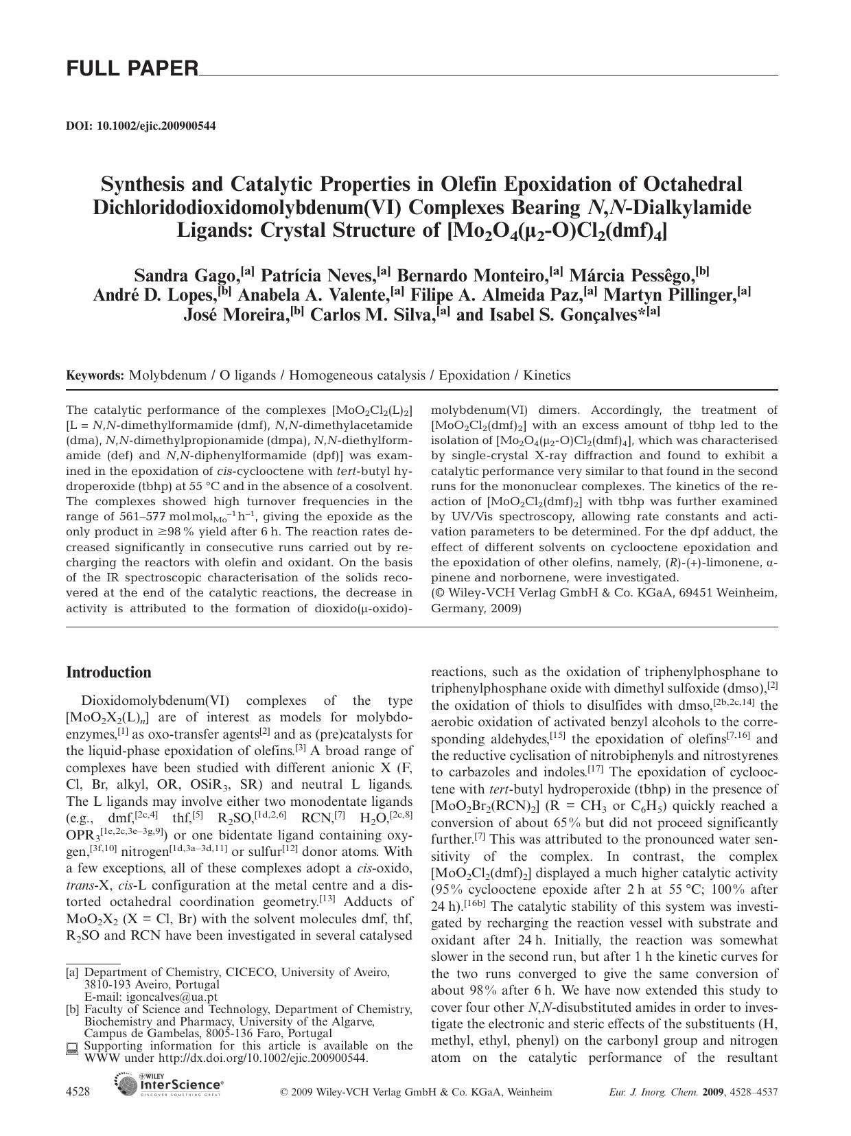 Synthesis and Catalytic Properties in Olefin Epoxidation of Octahedral Dichloridodioxidomolybdenum(VI) Complexes Bearing N,N-Dialkylamide Ligands: Crystal Structure of [Mo2O4(Âµ2-O)Cl2(dmf)4] by Unknown