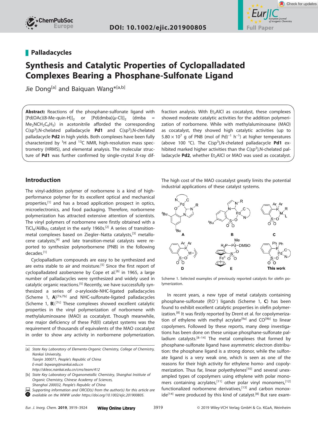 Synthesis and Catalytic Properties of Cyclopalladated Complexes Bearing a PhosphaneâSulfonate Ligand by Unknown