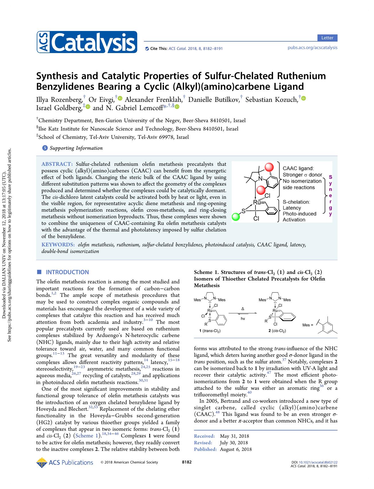 Synthesis and Catalytic Properties of Sulfur-Chelated Ruthenium Benzylidenes Bearing a Cyclic (Alkyl)(amino)carbene Ligand by unknow