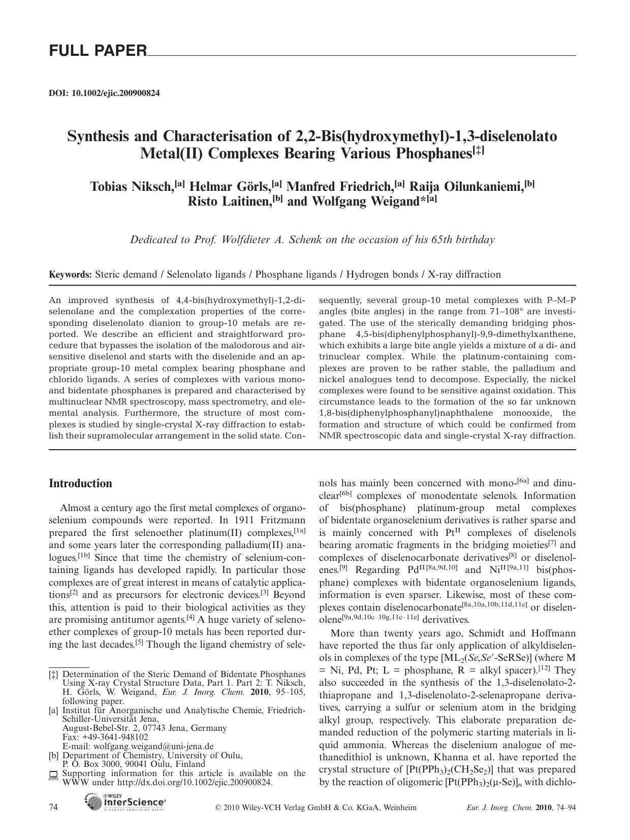 Synthesis and Characterisation of 2,2-Bis(hydroxymethyl)-1,3-diselenolato Metal(II) Complexes Bearing Various Phosphanes by Unknown