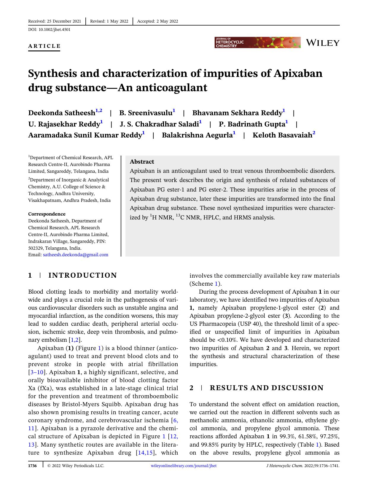 Synthesis and Characterisation of Impurities of Apixaban Drug Substance - An Anti-coagulant by Unknown