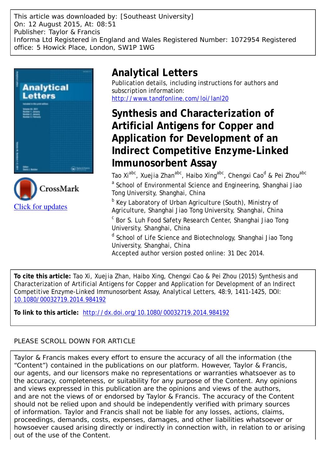 Synthesis and Characterization of Artificial Antigens for Copper and Application for Development of an Indirect Competitive Enzyme-linked Immunosorbent Assay by Tao Xi