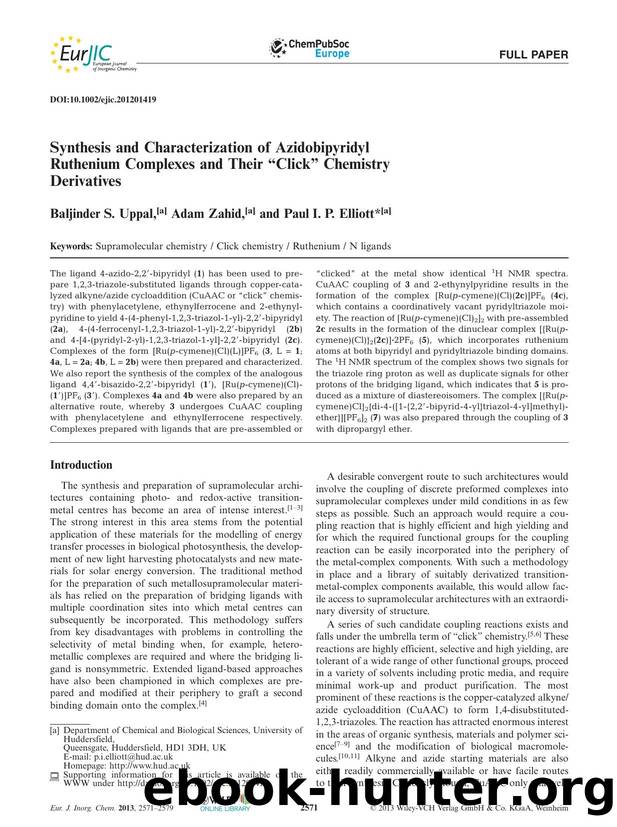 Synthesis and Characterization of Azidobipyridyl Ruthenium Complexes and Their Click Chemistry Derivatives by Unknown