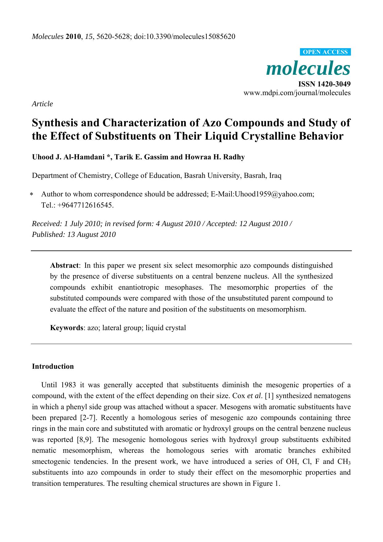 Synthesis and Characterization of Azo Compounds and Study of the Effect of Substituents on Their Liquid Crystalline Behavior by Uhood J. Al-Hamdani & Tarik E. Gassim & Howraa H. Radhy