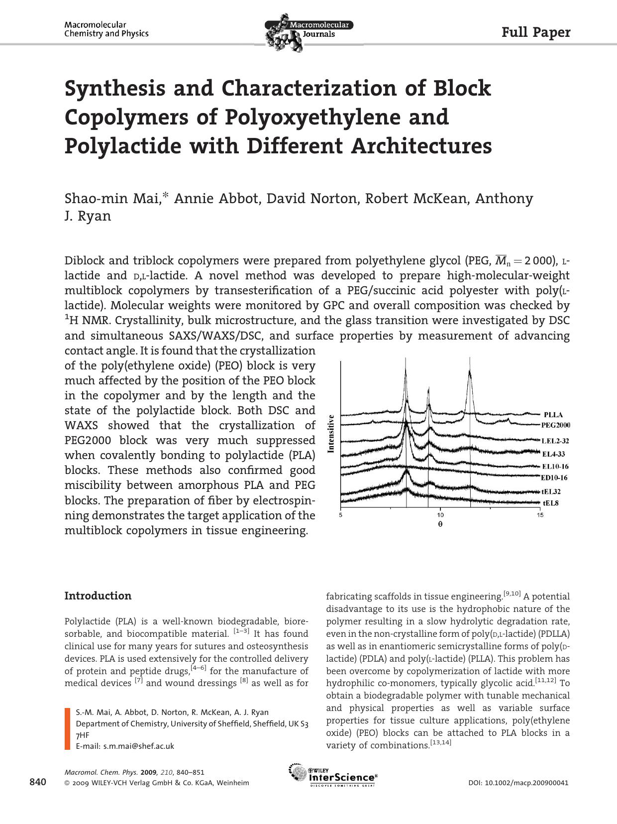 Synthesis and Characterization of Block Copolymers of Polyoxyethylene and Polylactide with Different Architectures by Unknown