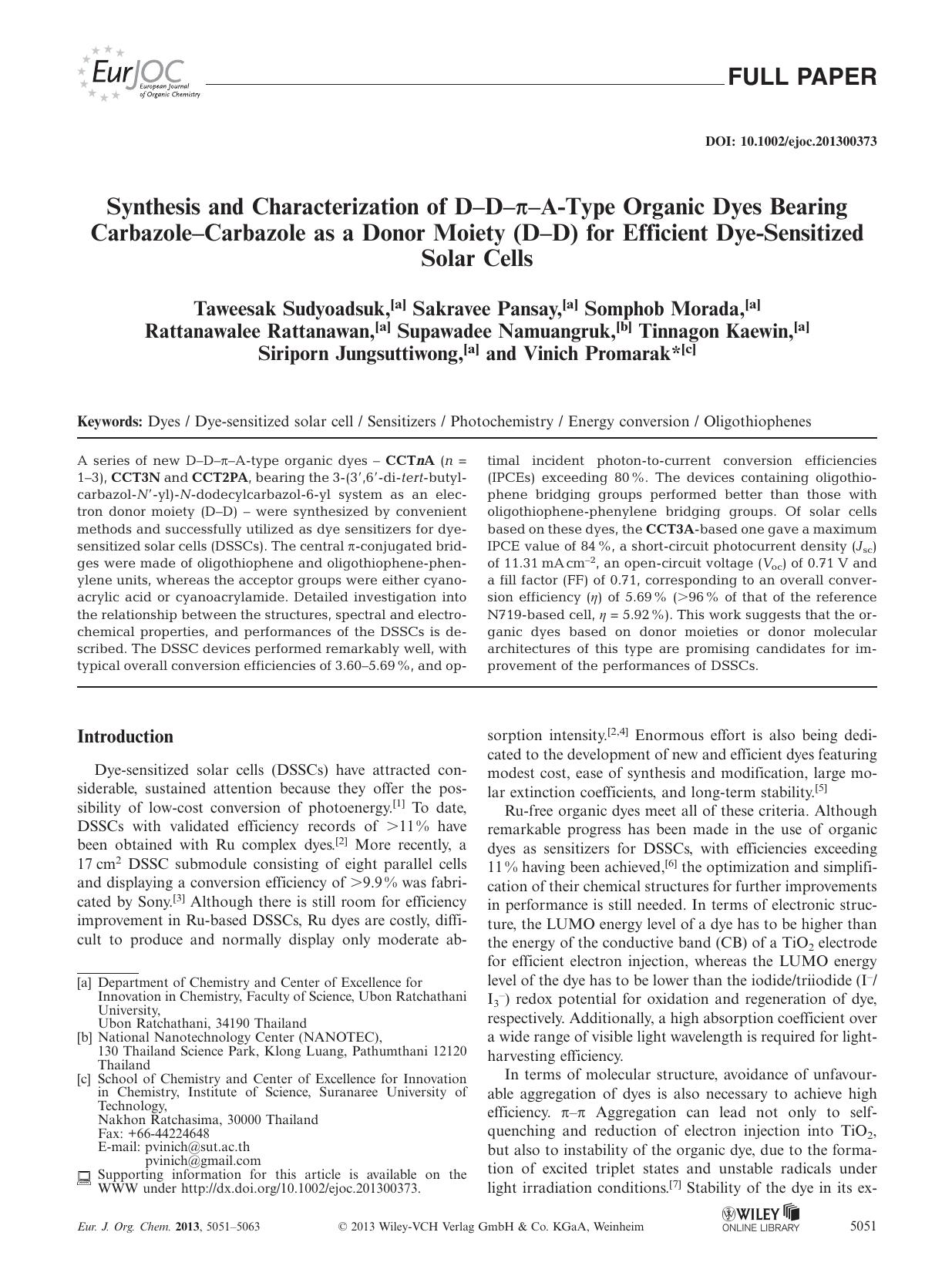 Synthesis and Characterization of DDAType Organic Dyes Bearing CarbazoleCarbazole as a Donor Moiety (DD) for Efficient DyeSensitized Solar Cells by Unknown