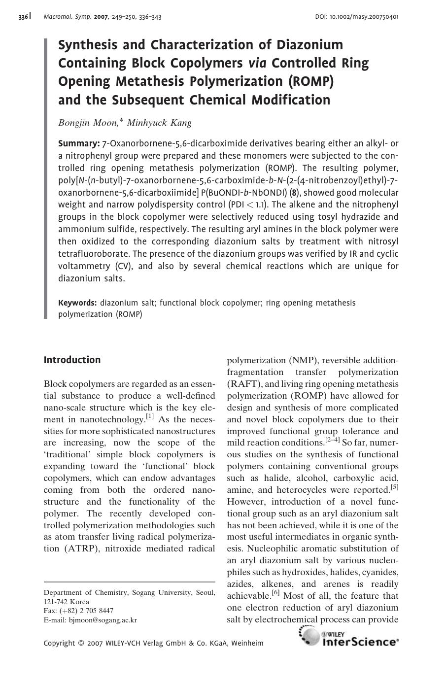 Synthesis and Characterization of Diazonium Containing Block Copolymers via Controlled Ring Opening Metathesis Polymerization (ROMP) and the Subsequent Chemical Modification by Unknown