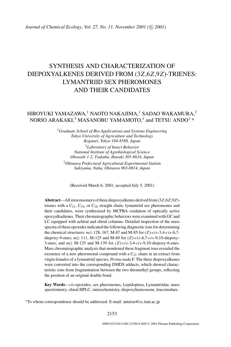 Synthesis and Characterization of Diepoxyalkenes Derived from (3Z,6Z,9Z)-Trienes: Lymantriid Sex Pheromones and Their Candidates by Unknown