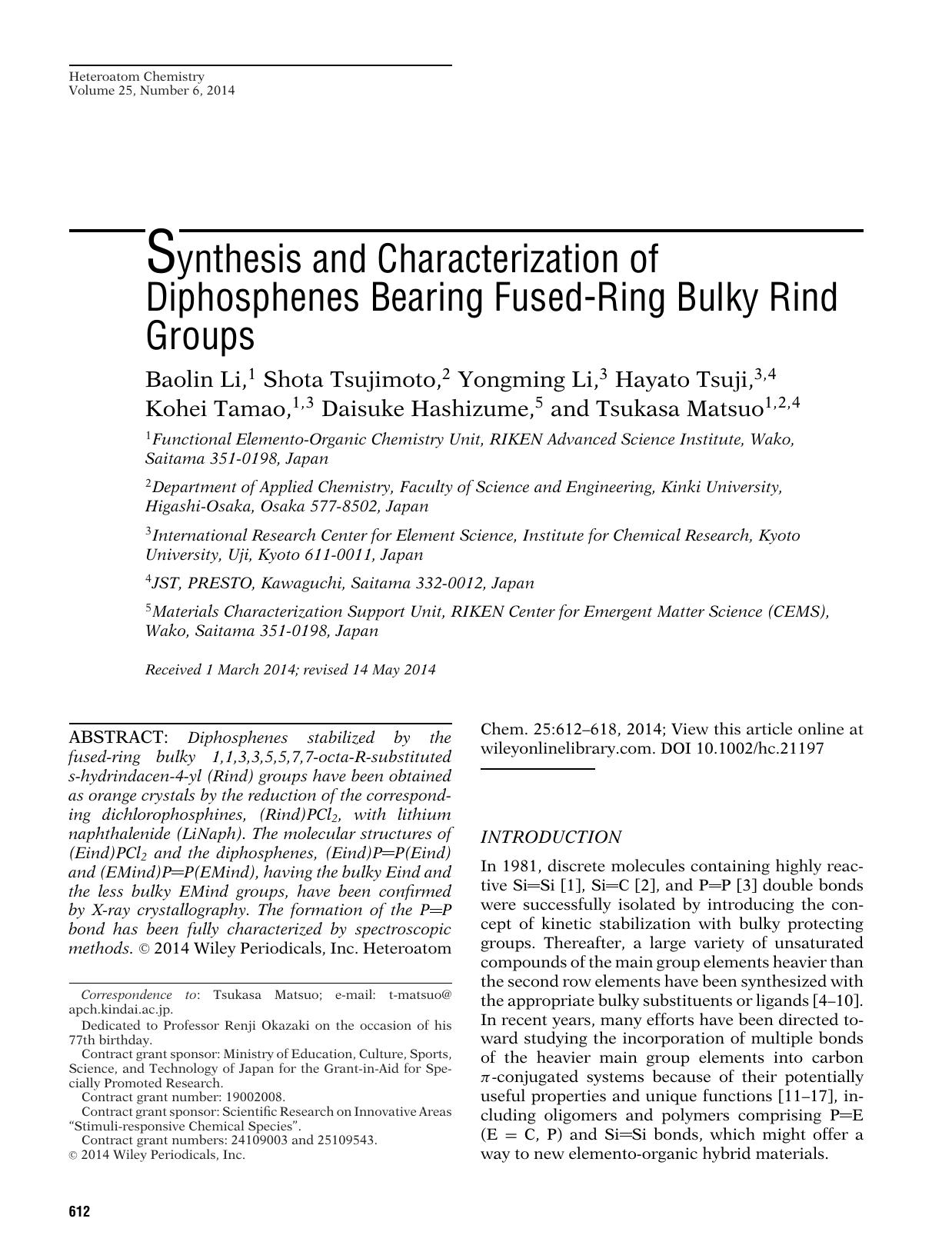 Synthesis and Characterization of Diphosphenes Bearing Fused&#x02010;Ring Bulky Rind Groups by Unknown