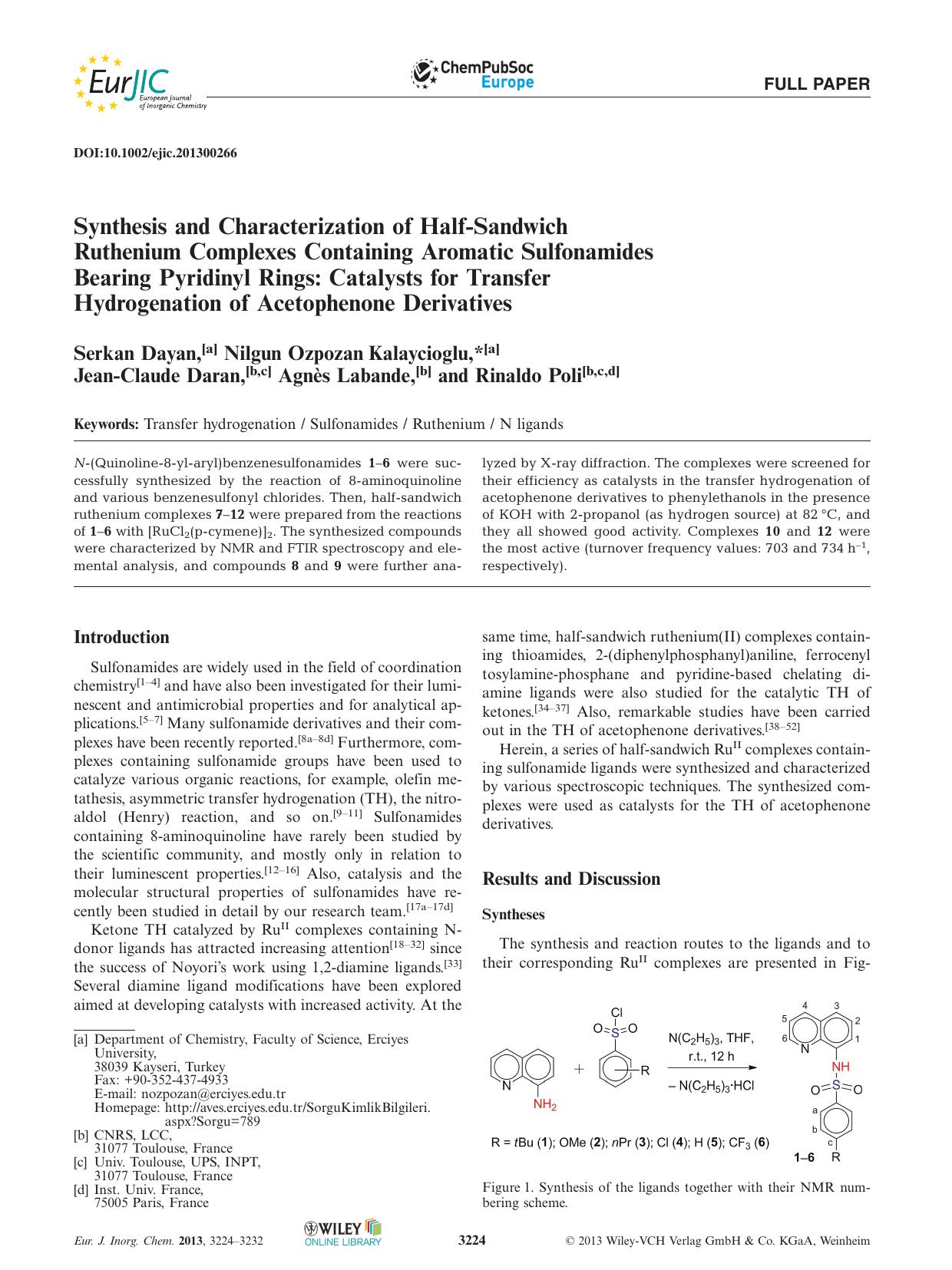 Synthesis and Characterization of HalfSandwich Ruthenium Complexes Containing Aromatic Sulfonamides Bearing Pyridinyl Rings: Catalysts for Transfer Hydrogenation of Acetophenone Derivatives by Unknown