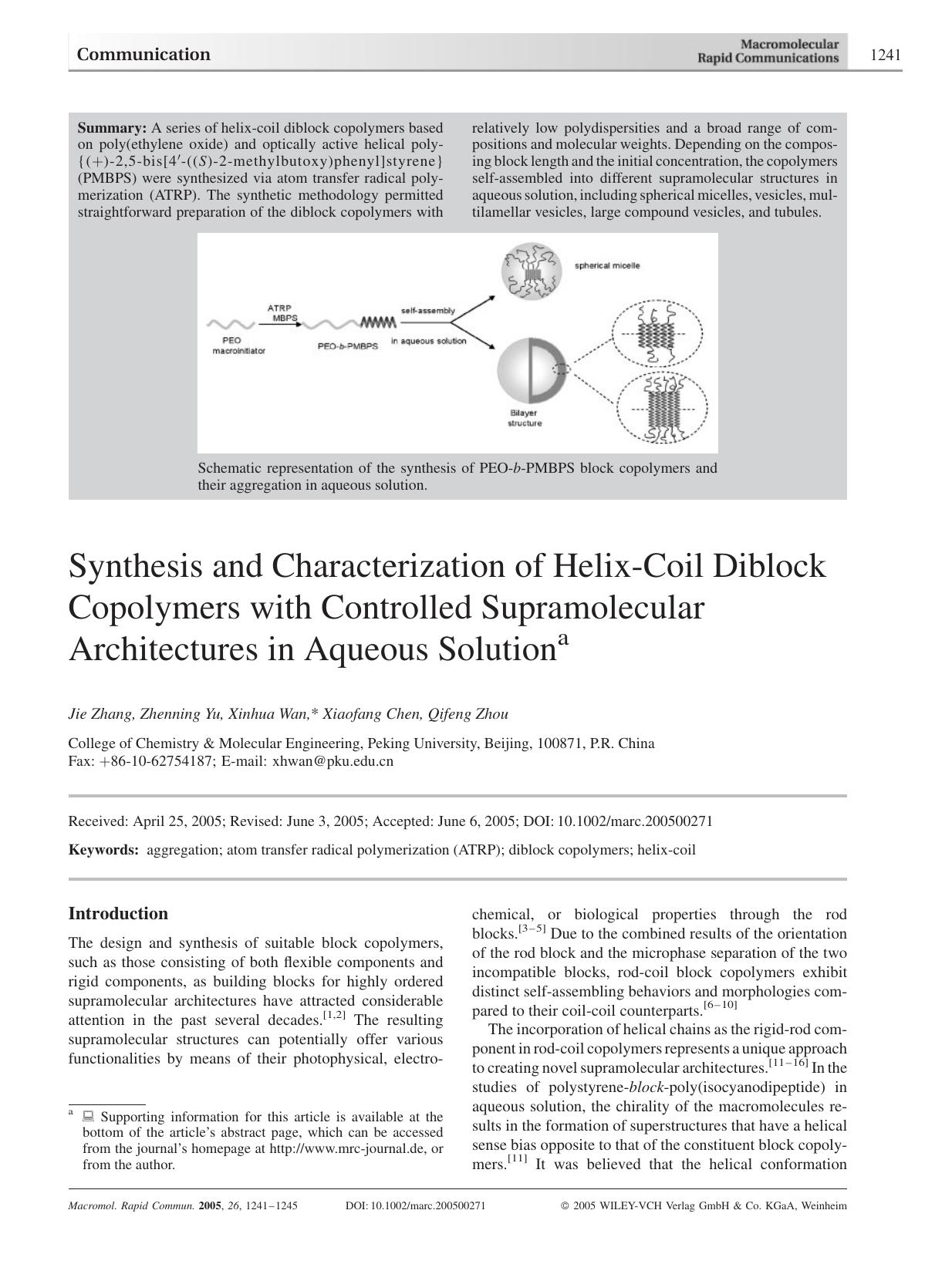 Synthesis and Characterization of Helix-Coil Diblock Copolymers with Controlled Supramolecular Architectures in Aqueous Solution by Unknown