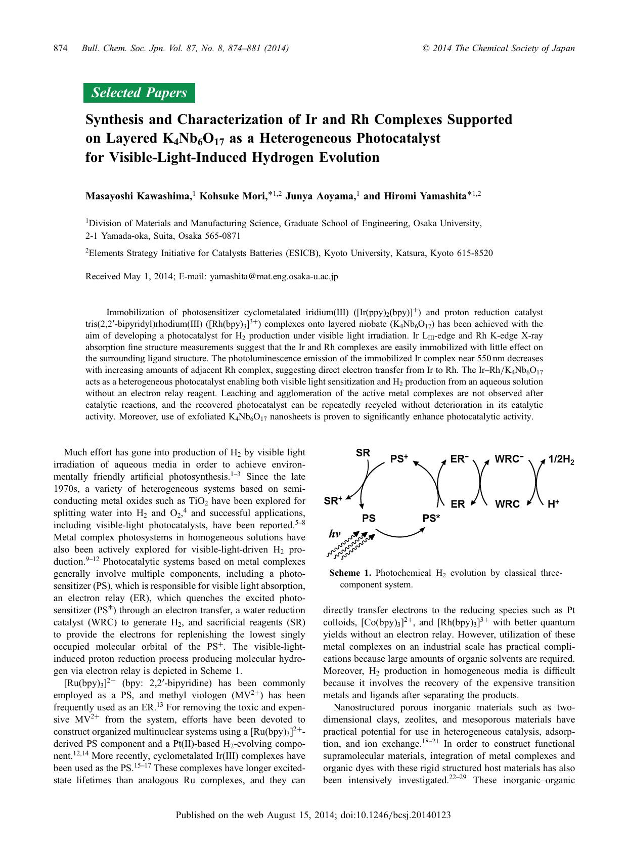 Synthesis and Characterization of Ir and Rh Complexes Supported on Layered K4Nb6O17 as a Heterogeneous Photocatalyst for Visible-Light-Induced Hydrogen Evolution by Masayoshi Kawashima Kohsuke Mori Junya Aoyama Hiromi Yamashita