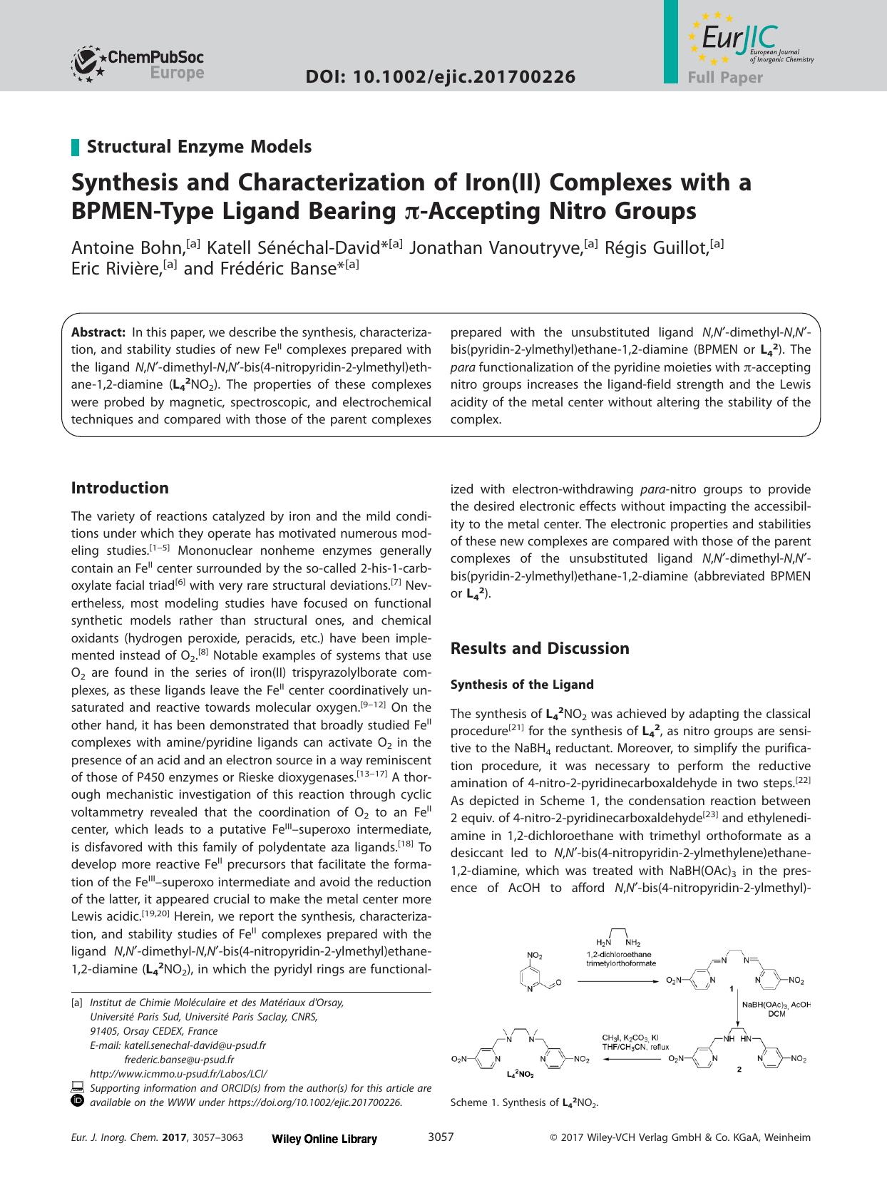 Synthesis and Characterization of Iron(II) Complexes with a BPMEN&#x02010;Type Ligand Bearing &#x003C0;&#x02010;Accepting Nitro Groups by Unknown