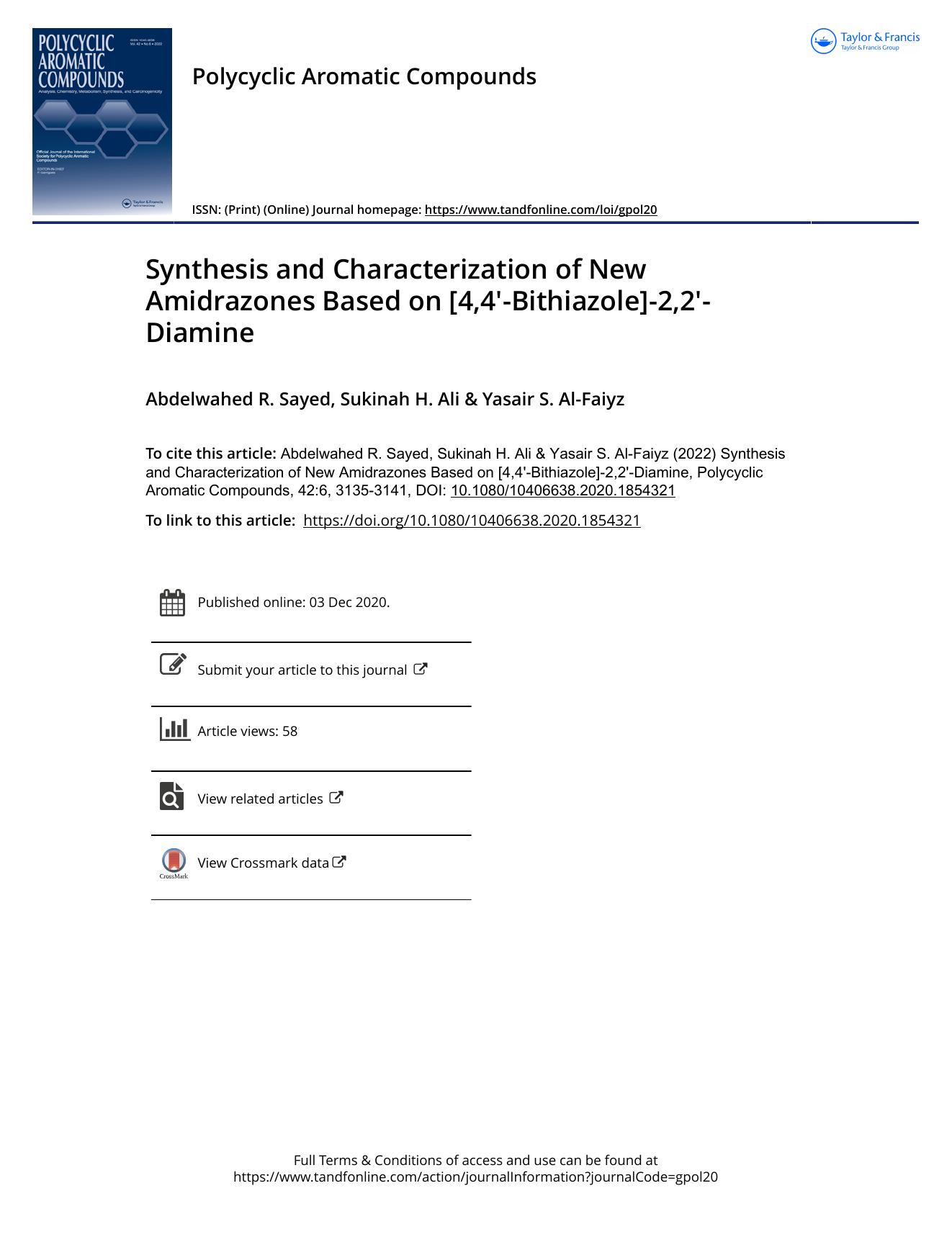 Synthesis and Characterization of New Amidrazones Based on [4,4'-Bithiazole]-2,2'-Diamine by Sayed Abdelwahed R. & Ali Sukinah H. & Al-Faiyz Yasair S