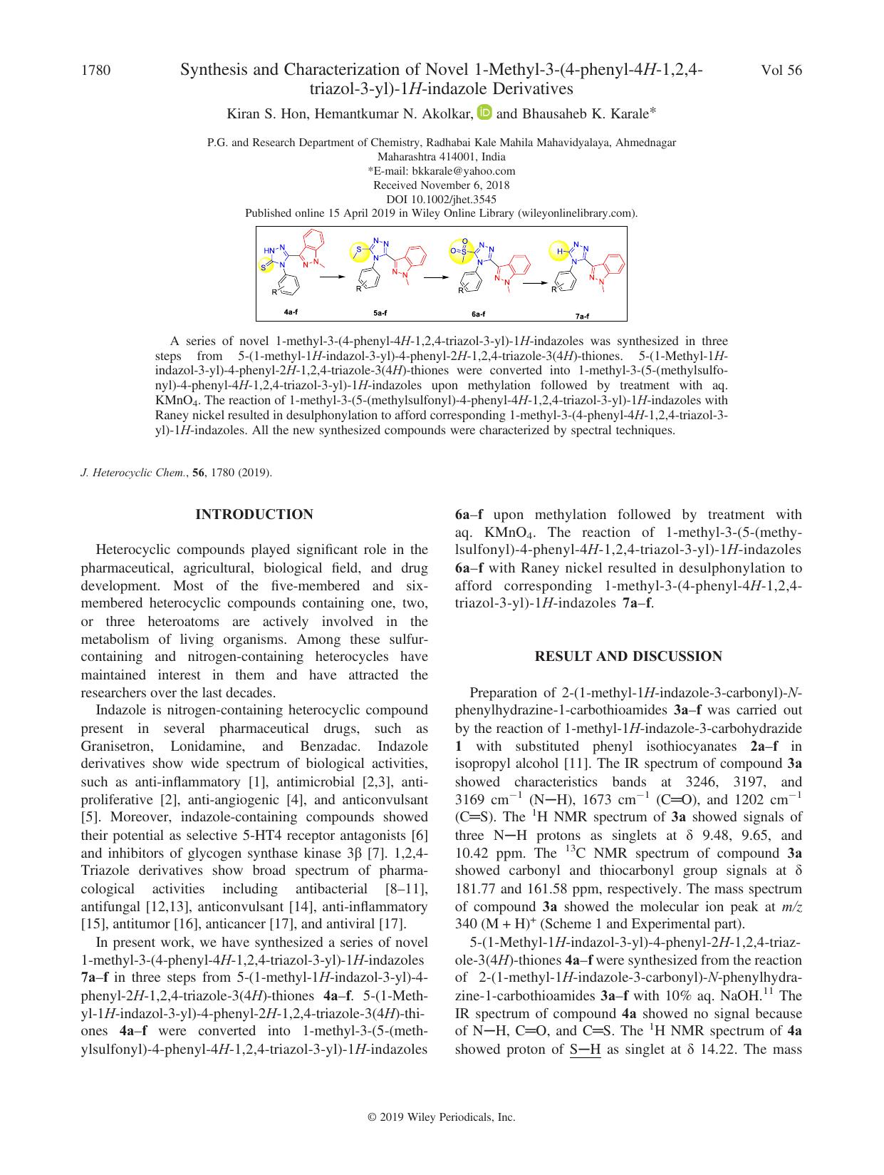 Synthesis and Characterization of Novel 1-Methyl-3-(4-phenyl-4H-1,2,4-triazol-3-yl)-1H-indazole Derivatives by Kiran S. Hon Hemantkumar N. Akolkar Bhausaheb K. Karale