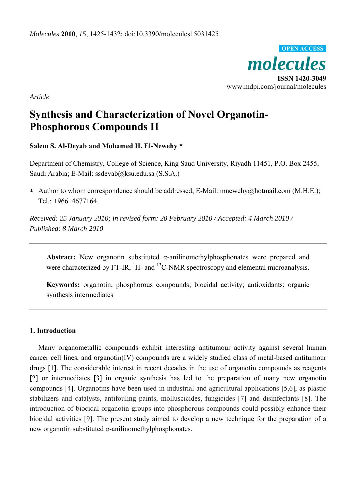 Synthesis and Characterization of Novel Organotin-Phosphorous Compounds II by Salem S. Al-Deyab & Mohamed H. El-Newehy