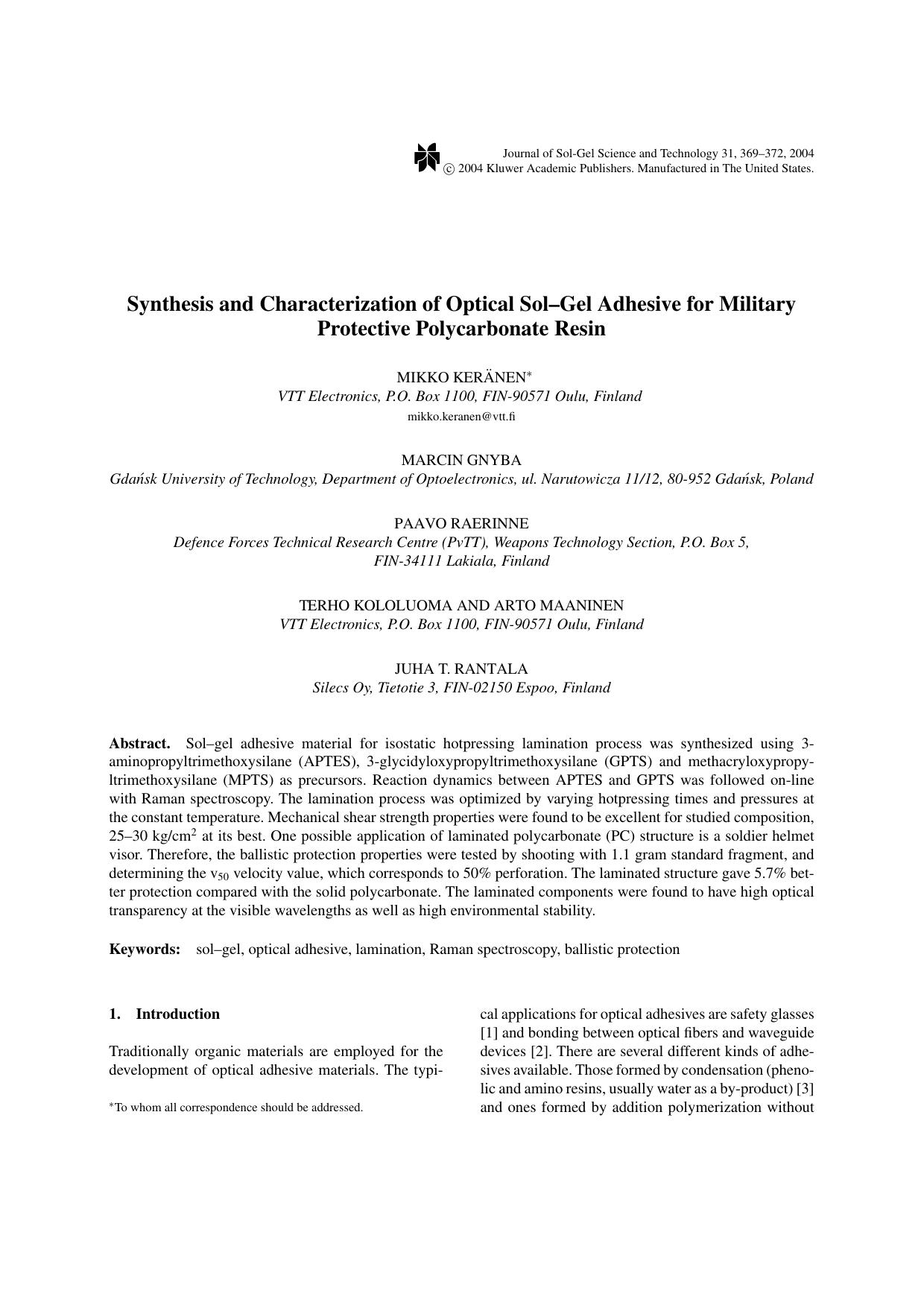 Synthesis and Characterization of Optical Sol&#x2013;Gel Adhesive for Military Protective Polycarbonate Resin by Unknown