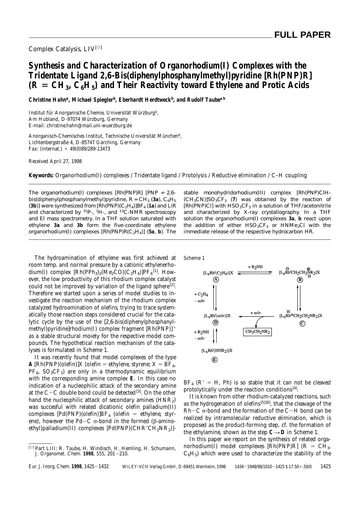 Synthesis and Characterization of Organorhodium(I) Complexes with the Tridentate Ligand 2,6-Bis(diphenylphosphanylmethyl)pyridine [Rh(PNP)R] (R [equals] CH3, C6H5) and Their Reacti by Unknown