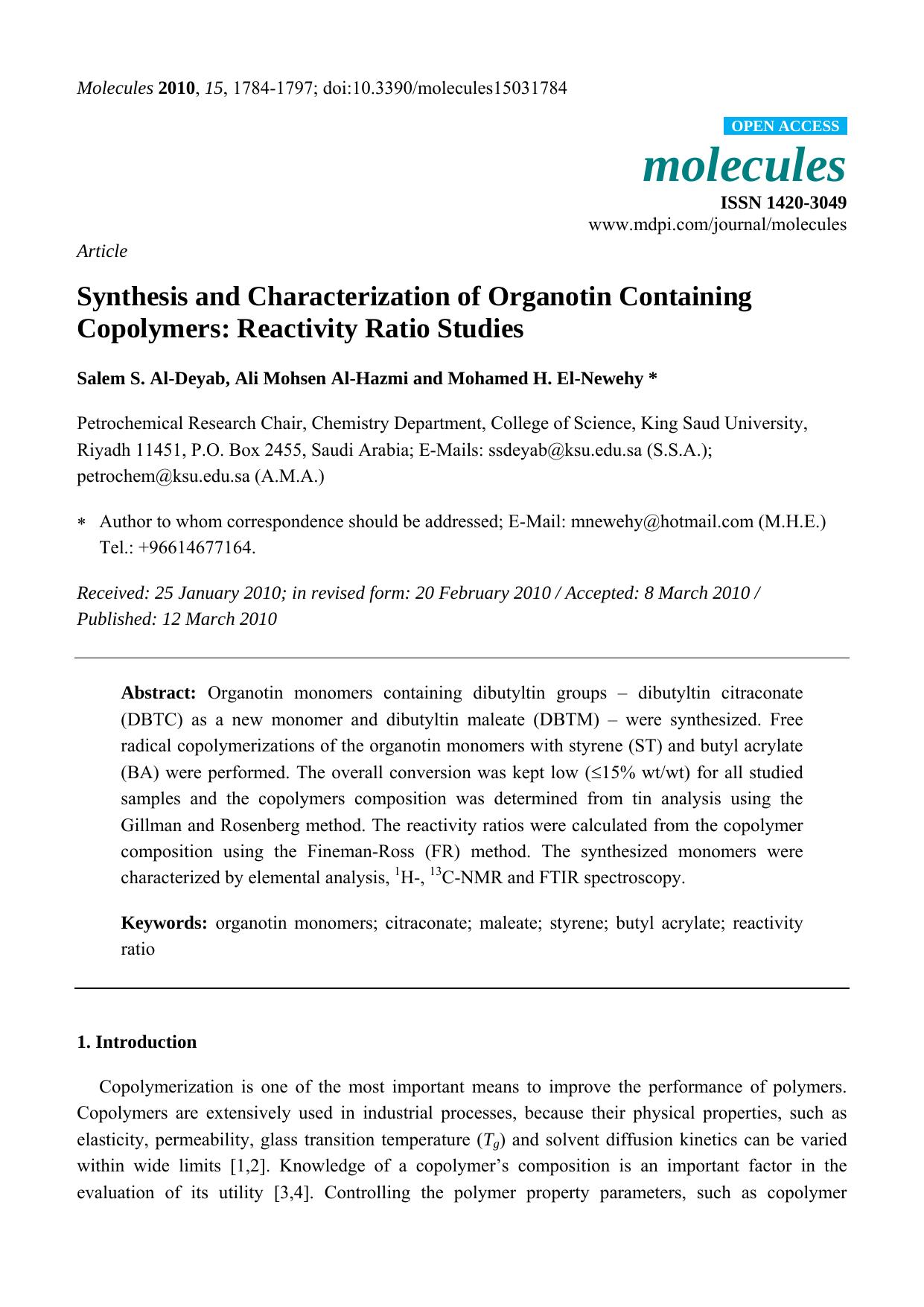 Synthesis and Characterization of Organotin Containing Copolymers: Reactivity Ratio Studies by Salem S. Al-Deyab & Ali Mohsen Al-Hazmi & Mohamed H. El-Newehy