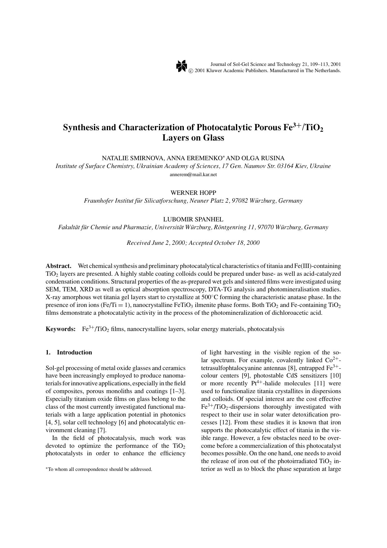 Synthesis and Characterization of Photocatalytic Porous Fe3+TiO2 Layers on Glass by Unknown