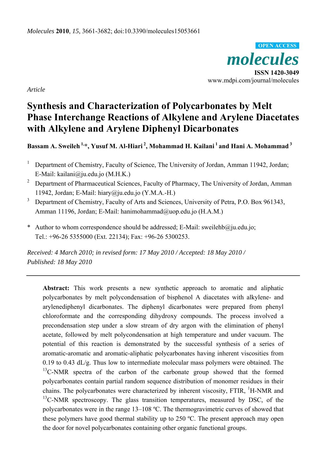 Synthesis and Characterization of Polycarbonates by Melt Phase Interchange Reactions of Alkylene and Arylene Diacetates with Alkylene and Arylene Diphenyl Dicarbonates by Bassam A. Sweileh & Yusuf M. Al-Hiari & Mohammad H. Kailani & Hani A. Mohammad
