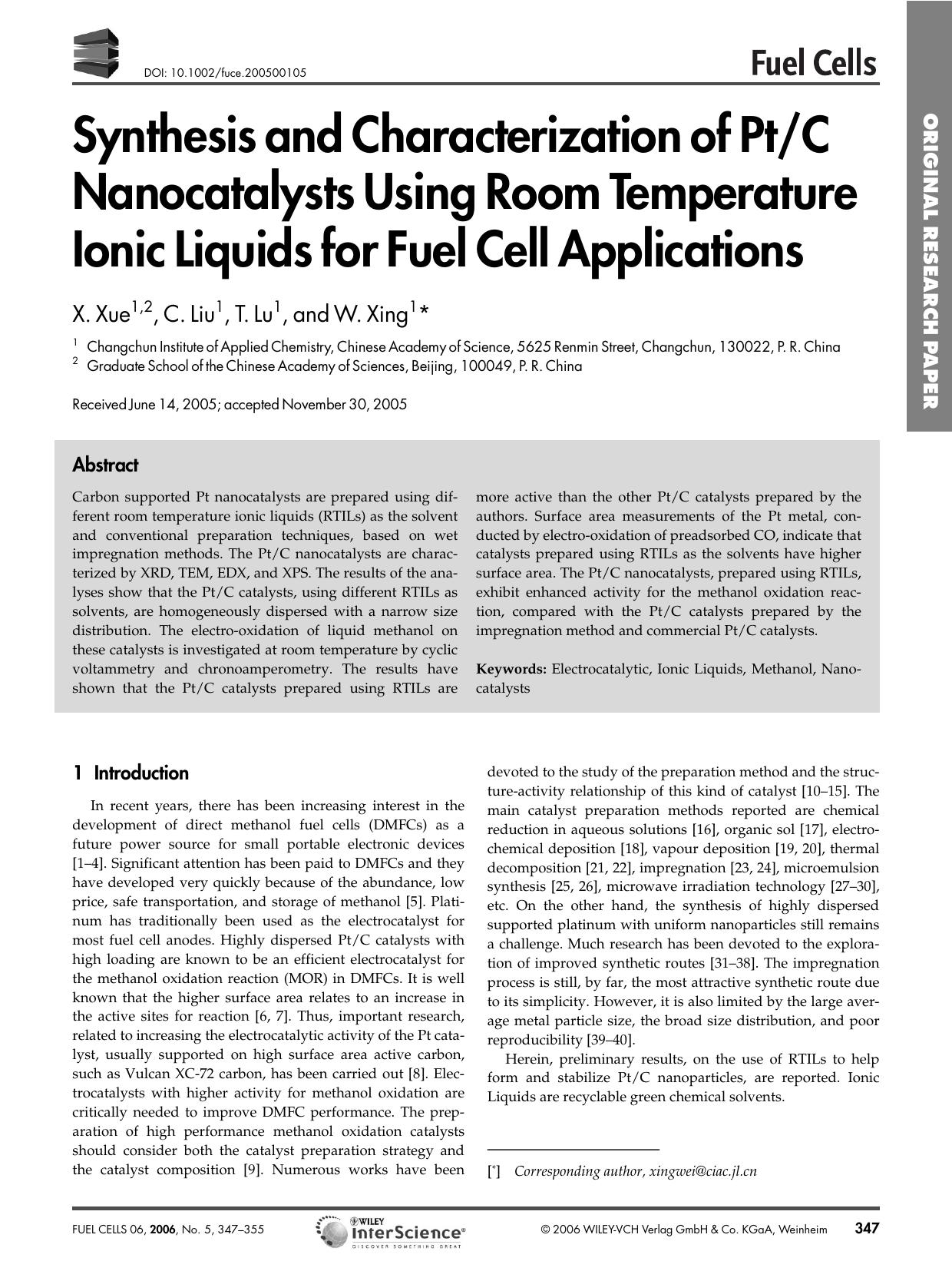 Synthesis and Characterization of PtC Nanocatalysts Using Room Temperature Ionic Liquids for Fuel Cell Applications by Unknown
